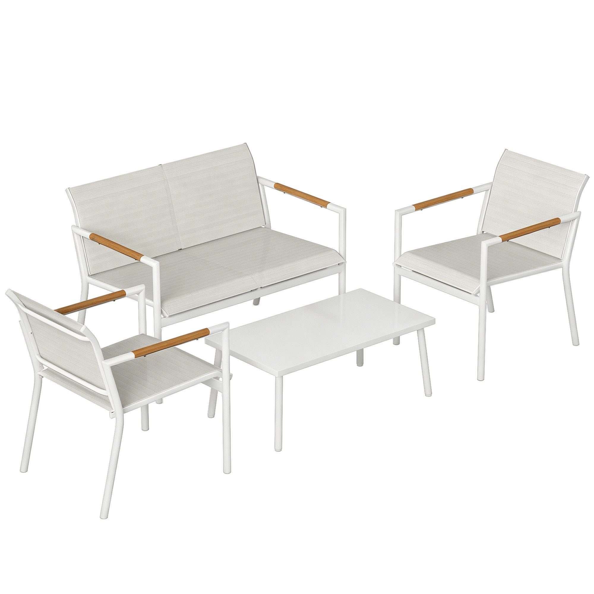 Outsunny Sitzgruppe mit 2er Sofa, 2 Sessel, Metall-Tisch, Fußpads, (Gartenlounge, 4-tlg., Gartenmöbel Set), für Garten Balkon Cremeweiß