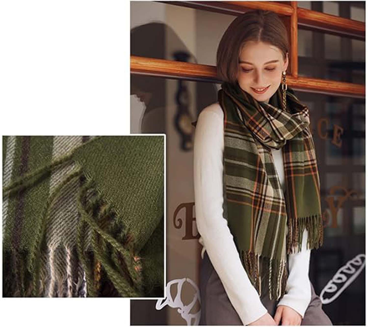 Coonoor Wollschal Damen Schal,kuschelweich Karo,Winter Schal Poncho Qualität mit Fransen – Bild 3 von 5