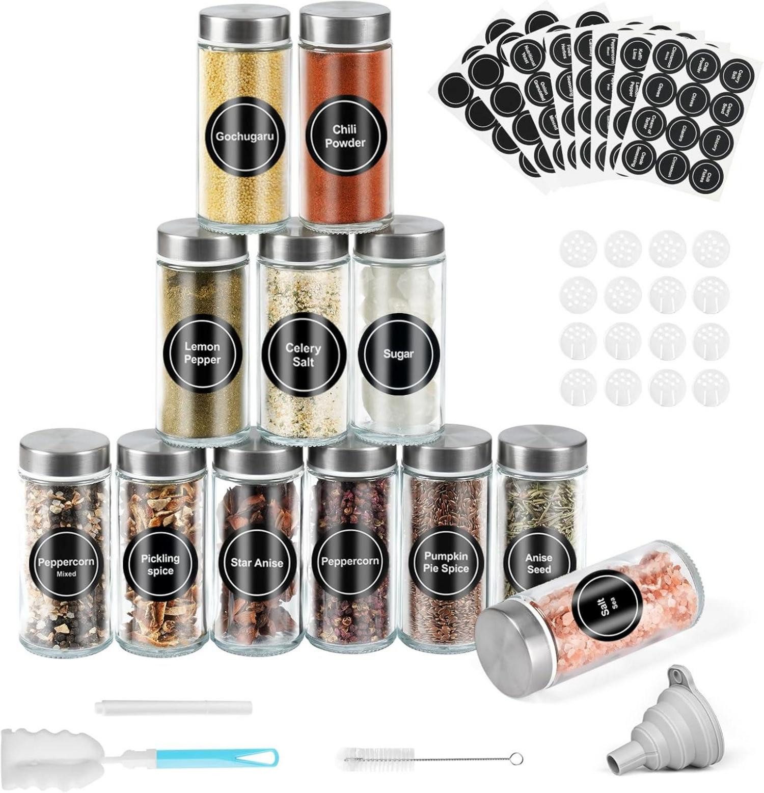 Gläser-Set Gewürzgläser 12er Set 120ml Glas Streueinsatz Etiketten Trichter