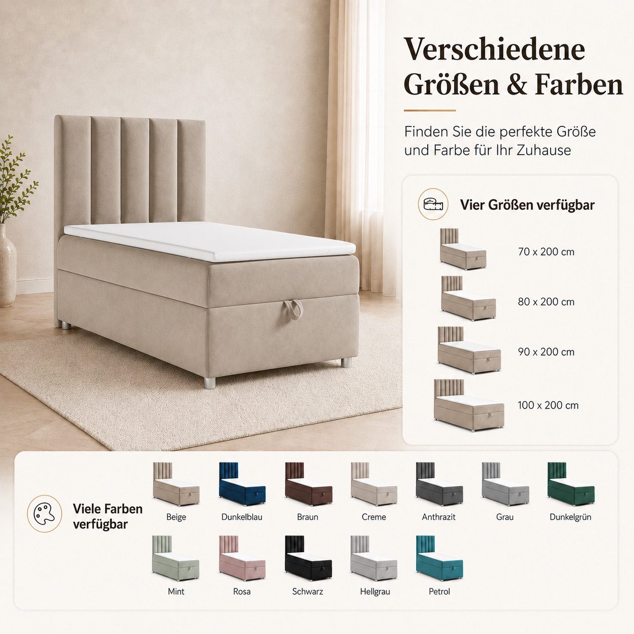 Best for Home Boxspringbett Trinity K10 SINGLE mit Bettkasten & Bonellfederkern, Komfort Topper H3 (Einzelbett, Polsterbett gepolstertes Kopfteil, Jugendbett, Kinderbett versch. Größen, 1-St., 70x200 80x200 90x200 100x200 cm), Stauraum unter dem Bett; Ergonomischer Schlafkomfort; Massivholzrahmen