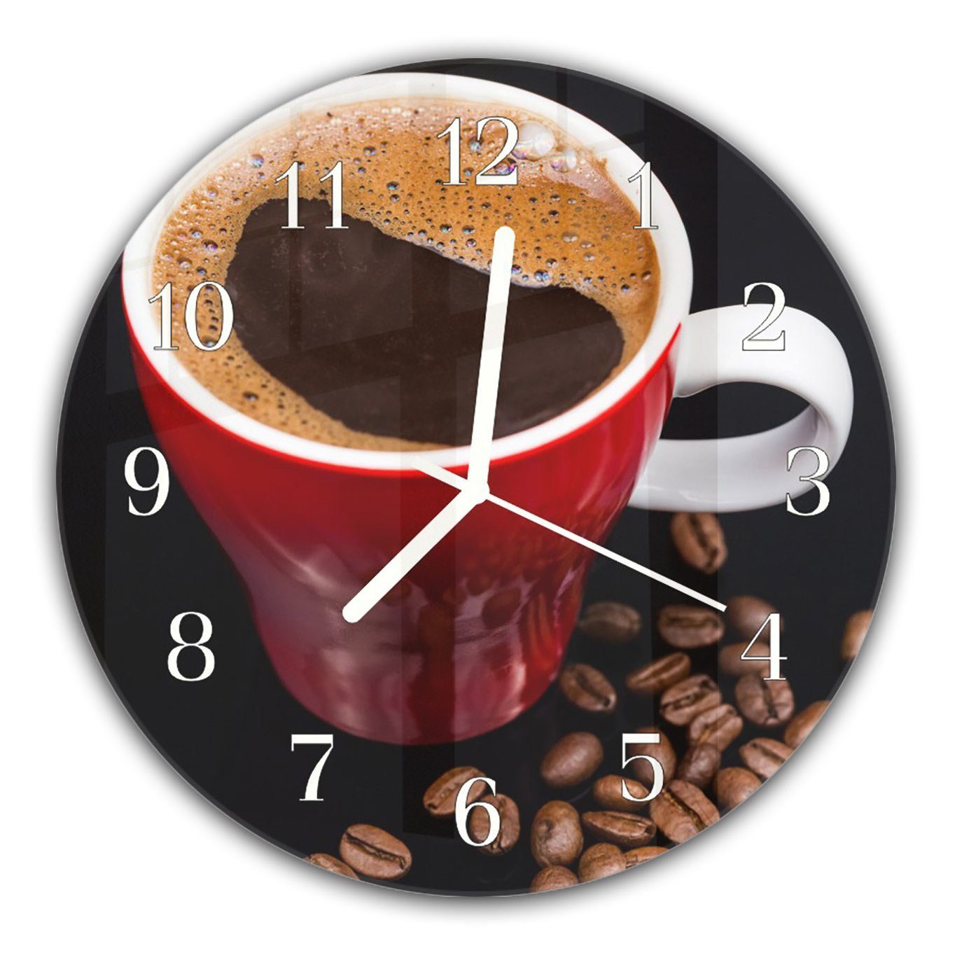 Primedeco Wanduhr Wanduhr 30 Rund Glas Motiv Durchmesser und Tasse - in cm roter aus mit mit Quarzuhrwerk Kaffee