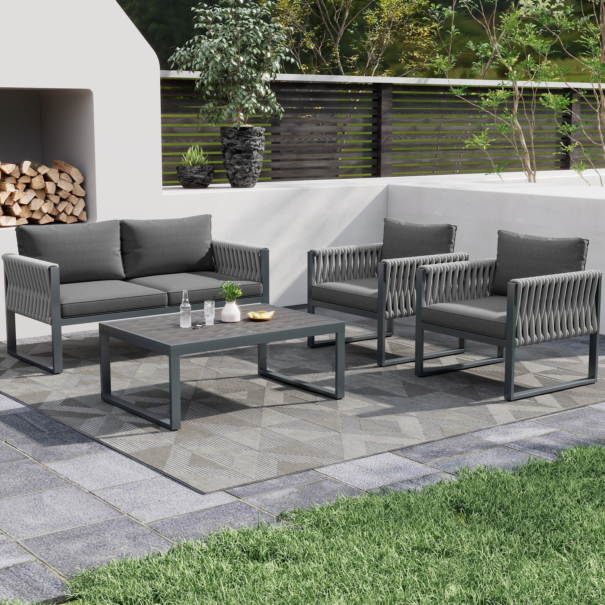 Flieks Gartenlounge-Set, 4-Sitzer Gartenmöbel Balkonset Armlehnen günstig online kaufen