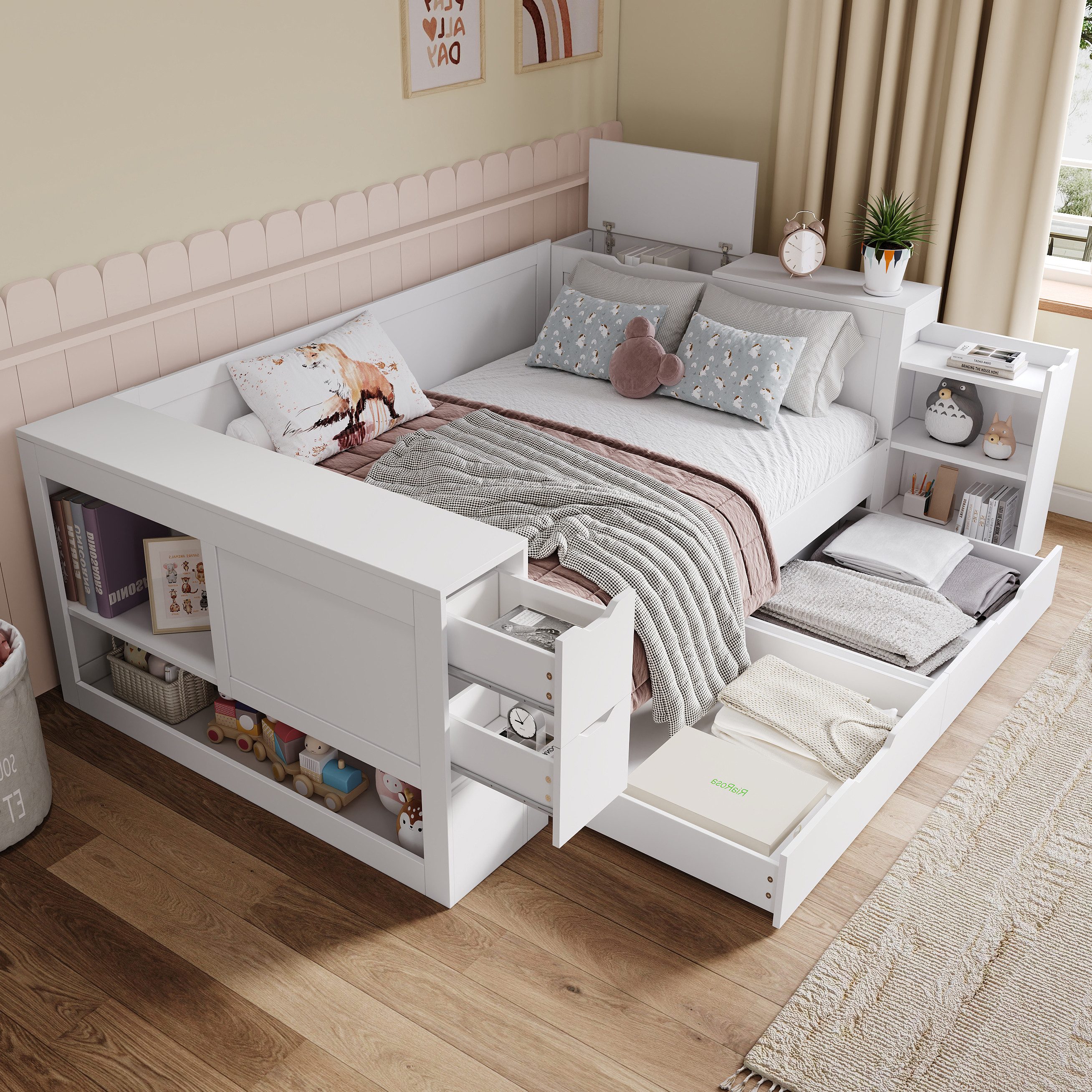IDEASY Daybed Holzbett Kinderbett Stauraumbett 140x200 cm, Multifunktions-Daybed, Praktisches Aufbewahrungsdesign, weiß, ohne Matratze