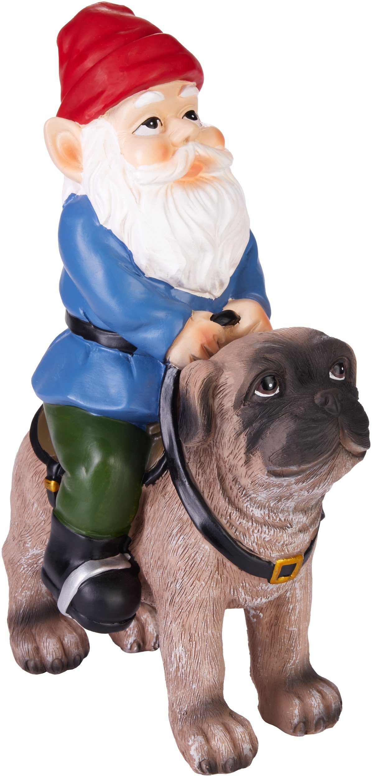 Sattel für reitet Hund Gartenfigur Lustig, - Zwerg Gartenzwerg Hundebesitzer mit St), auf BRUBAKER Mops mit Dekoration Wetterfest (1