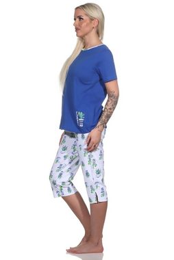 Normann Pyjama Damen Capri Kurzarm Schlafanzug mit Kaktus als Motiv