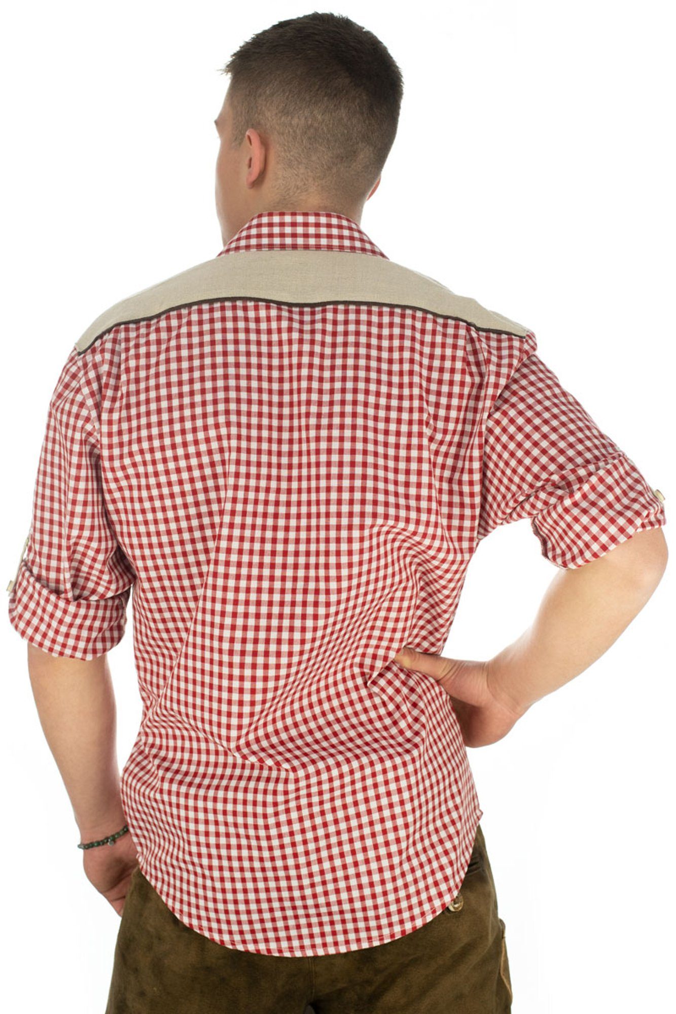 OS-Trachten Trachtenhemd Draker Langarmhemd Edelweiß-Stickerei Paspeltasche, auf Knopfleiste mittelrot mit der