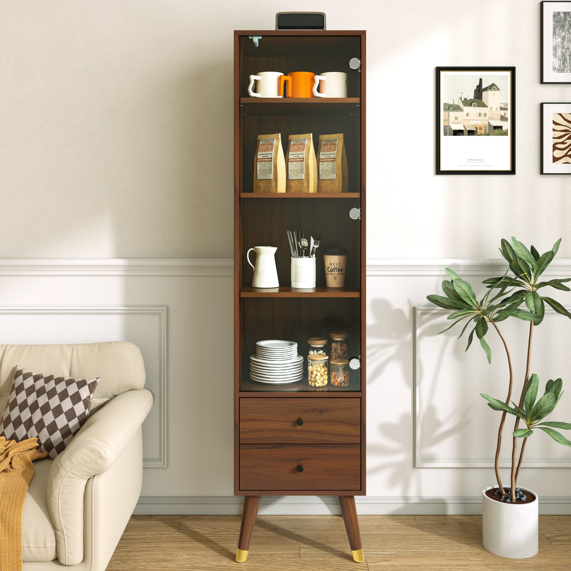 BlingBin Standvitrine Multifunktionaler Vitrinen-Hochschrank mit Glastüren, 2 Schubladen (1er Set, 1-St., 39,8 × 35 × 160 cm) und verstellbaren Ablagen als Standschrank für Wohnzimmer, Bad & Büro