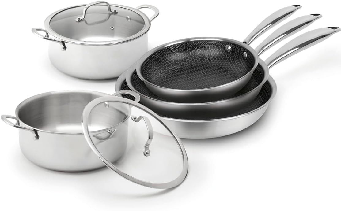 QDesign by Sauter Topf-Set bestehend aus 3 Pfannen & 2 Töpfen, Edelstahl 18/10 (7-tlg), für alle Herdarten geeignet