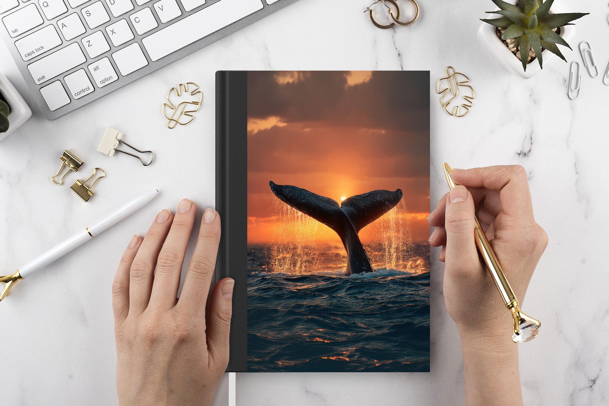 MuchoWow Notizbuch Schwanz eines Wals - Wasser - Sonnenuntergang, Notebook, Notizblock a5, Tagebuch, Journal Liniert