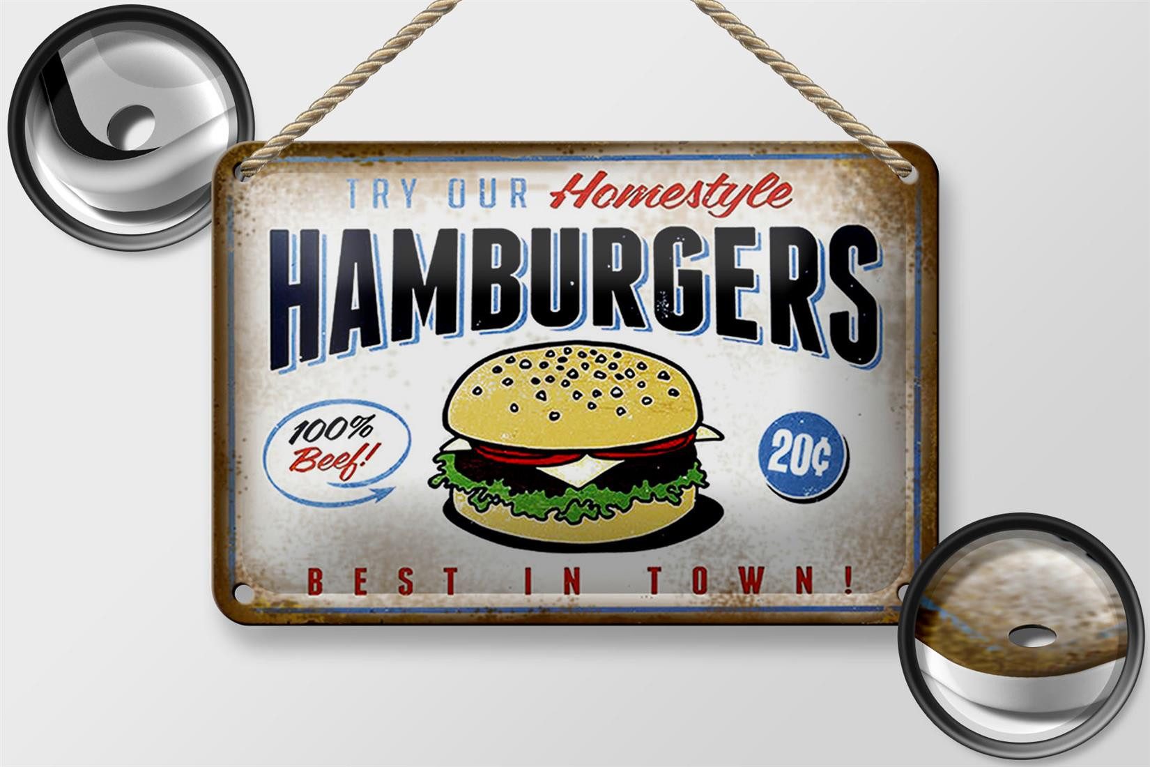 Femer GmbH Metallschild Spruch 18x12cm Hamburger best in town 100% Beef, (1 St), gewölbte Oberfläche, abgerundete Ecken, umgeschlagene Kanten