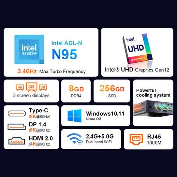 Ninkear N9 Mini-PC (Intel N95 Alder Lake-N, Intel UHD-Grafik, 8 GB RAM, 256 GB SSD, Windows 11, Drei-Bildschirm-Anzeige)