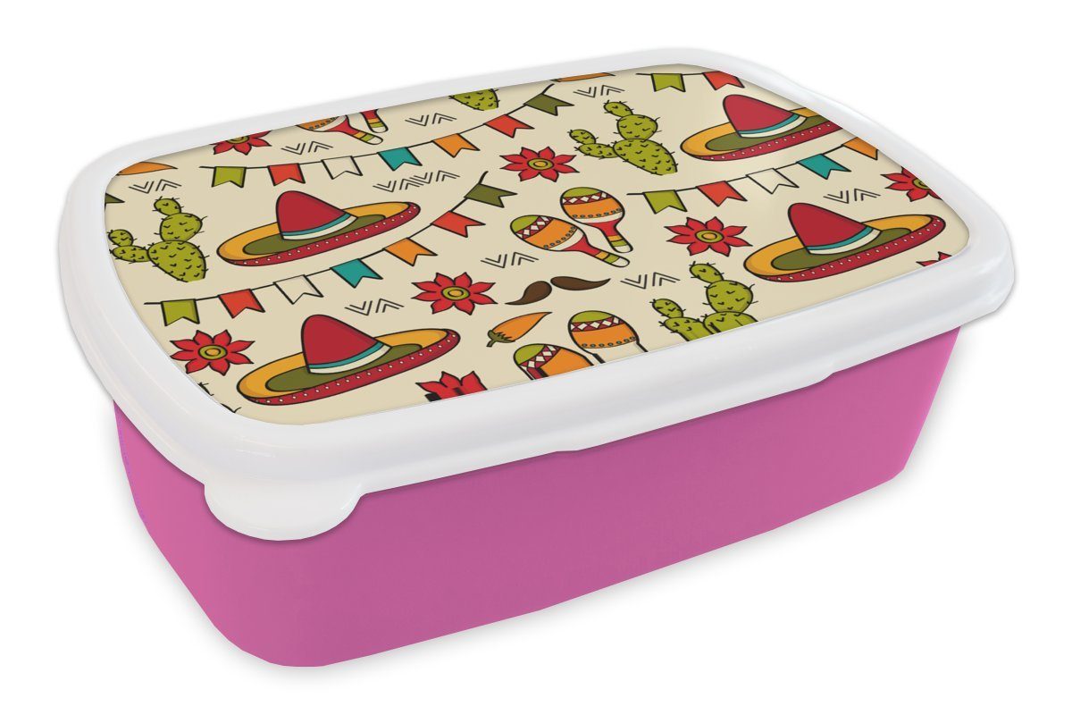 MuchoWow Lunchbox Mexiko - Kaktus - Muster, Kunststoff, (2-tlg), Brotbox für Erwachsene, Brotdose Kinder, Snackbox, Mädchen, Kunststoff rosa