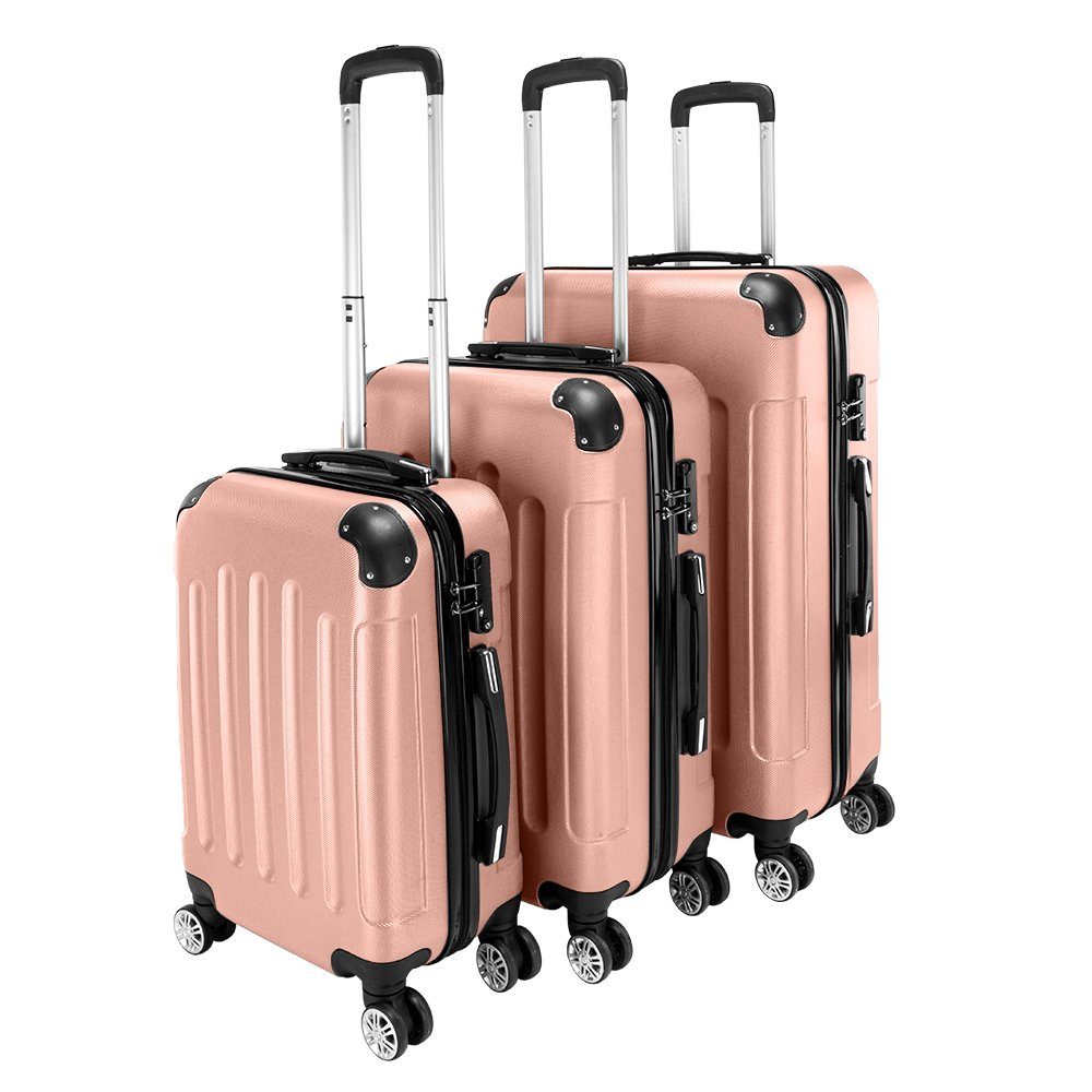 VINGLI Trolleyset 3 in 1 tragbarer ABS Trolley Koffer, Reisekoffer, Rosa, 4 Rollen, mit viel Stauraum