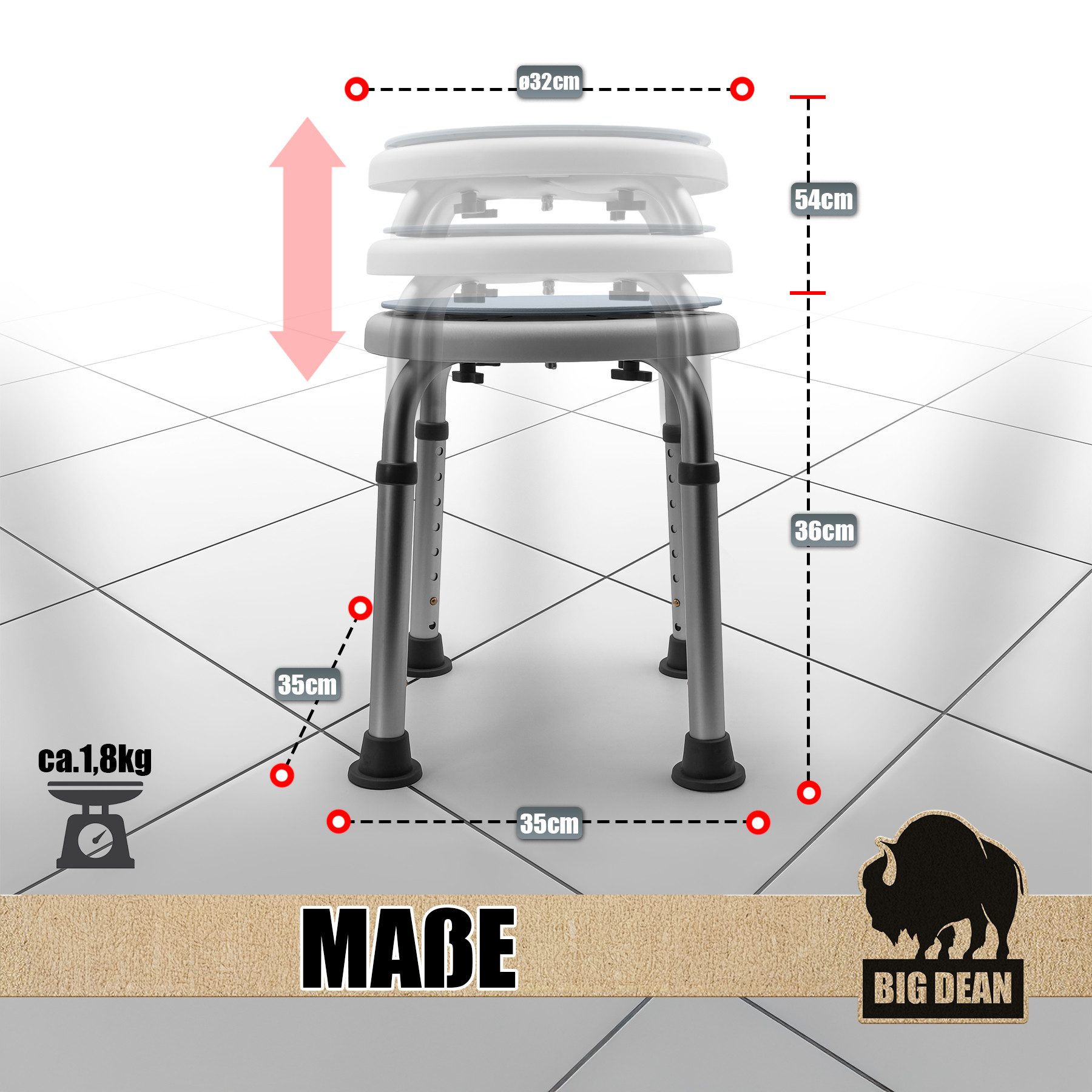 BigDean Dusch- und Badhocker 360° drehbarer belastbarer Duschstuhl bis 136 kg höhenverstellbar, belastbar bis 136 kg, 360° drehteller