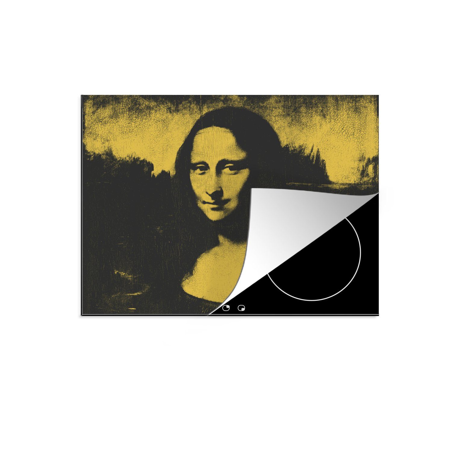 MuchoWow Herdblende-/Abdeckplatte Mona Lisa - Vinyl, (1 Vinci Ceranfeldabdeckung da die Leonardo küche, - Schutz Induktionskochfeld 71x52 Schwarz tlg), cm, für - Gelb