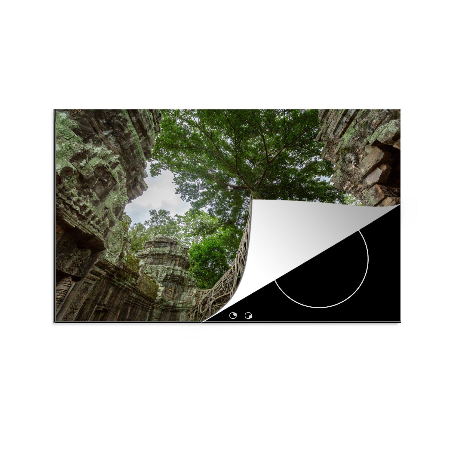 MuchoWow Herdblende-/Abdeckplatte Überwachsener Ta Prohm-Tempel in Kambodscha, Vinyl, (1 tlg), 81x52 cm, Induktionskochfeld Schutz für die küche, Ceranfeldabdeckung