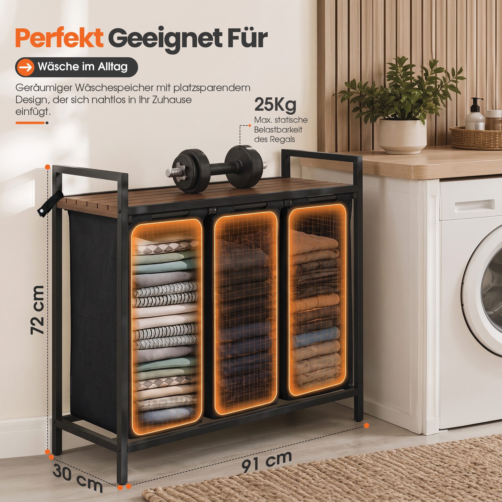 Roxlin Wäschekorb Wäschekorb 3 Fächer – Wäschesammler mit Deckel & Ablage – Bild 2 von 5
