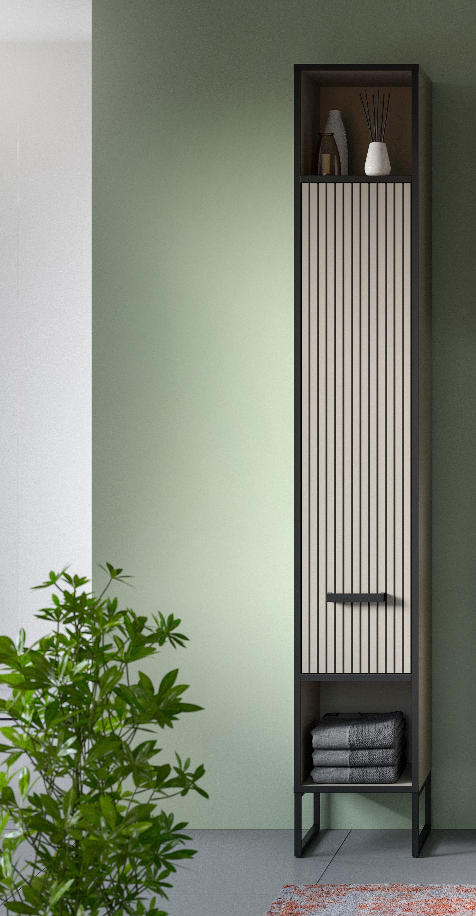 welltime Hochschrank Locri, Höhe 192 cm, Rillenoptik, Metall Kufen (1-St) Türanschlag wechselbar, modernes Design, Badschrank, Bad