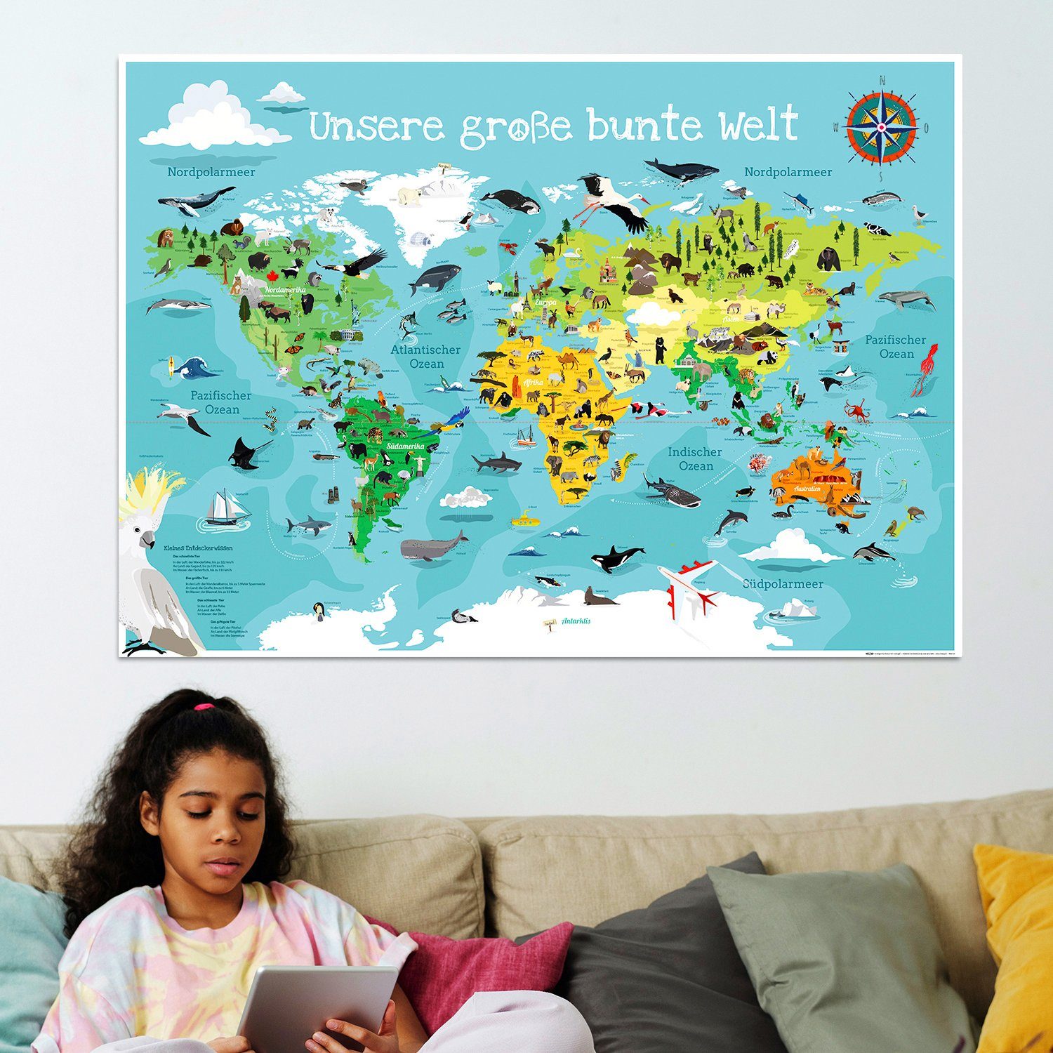 XXL Kinder Weltkarte Landkarte Lernposter 140 x 95 cm 