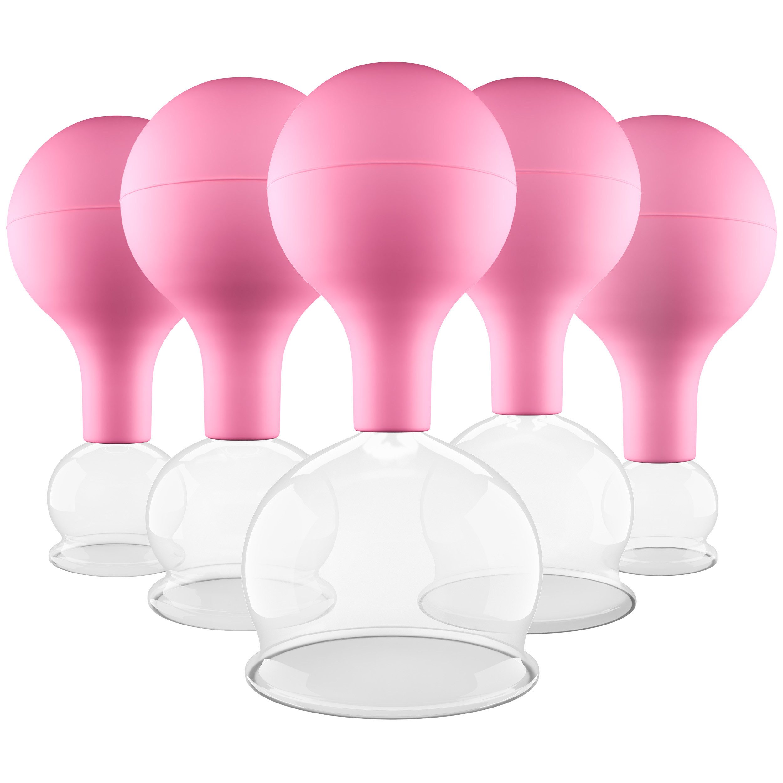 Vakuum-Massager Schröpfgläser 5er Set - Echtglas mit Saugball, diverse Größen, Pink
