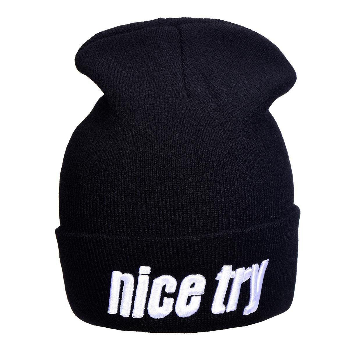 Wintermütze, Strickmütze Damen Beanie 1-St) - Statement-Print, coolem mit try" schwarz DonDon Beanie Krempe mit "nice Winter (Packung, Stylische