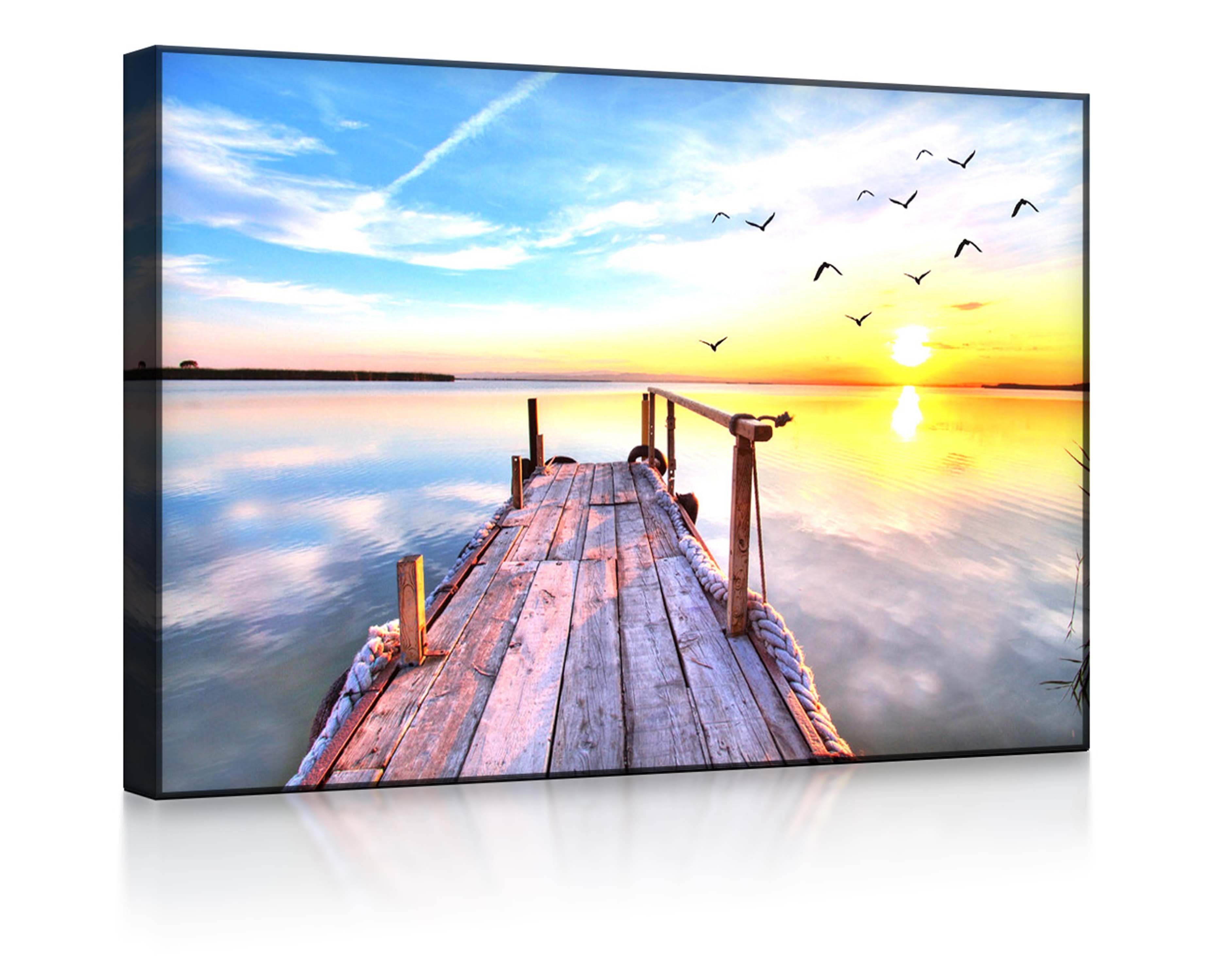 lightbox-multicolor LED-Bild Steg mit Möwen bei Sonnenuntergang front lighted / 60x40cm, Leuchtbild mit Fernbedienung