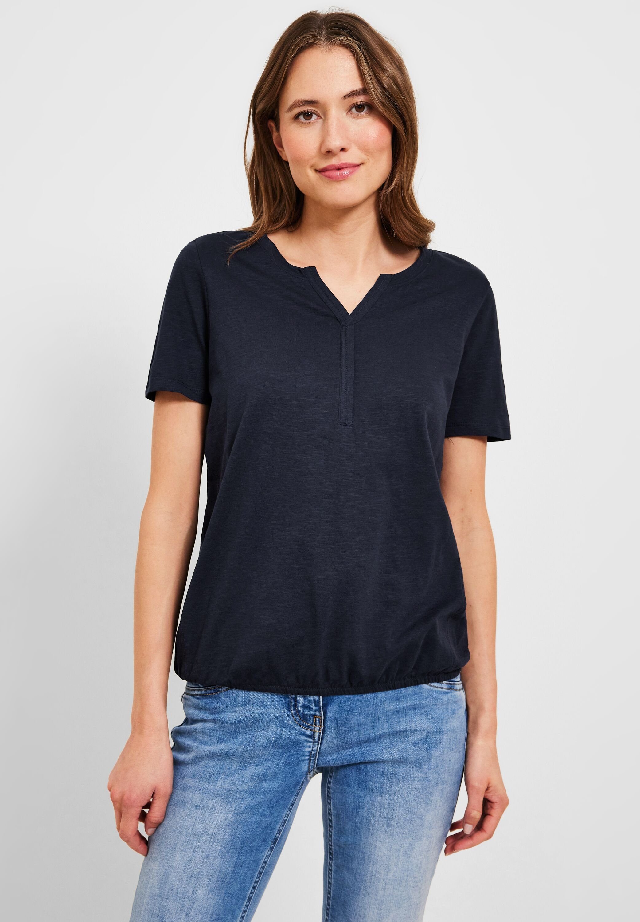 Cecil T-Shirt aus reiner Baumwolle, Geschlitzter Rundhalsausschnitt