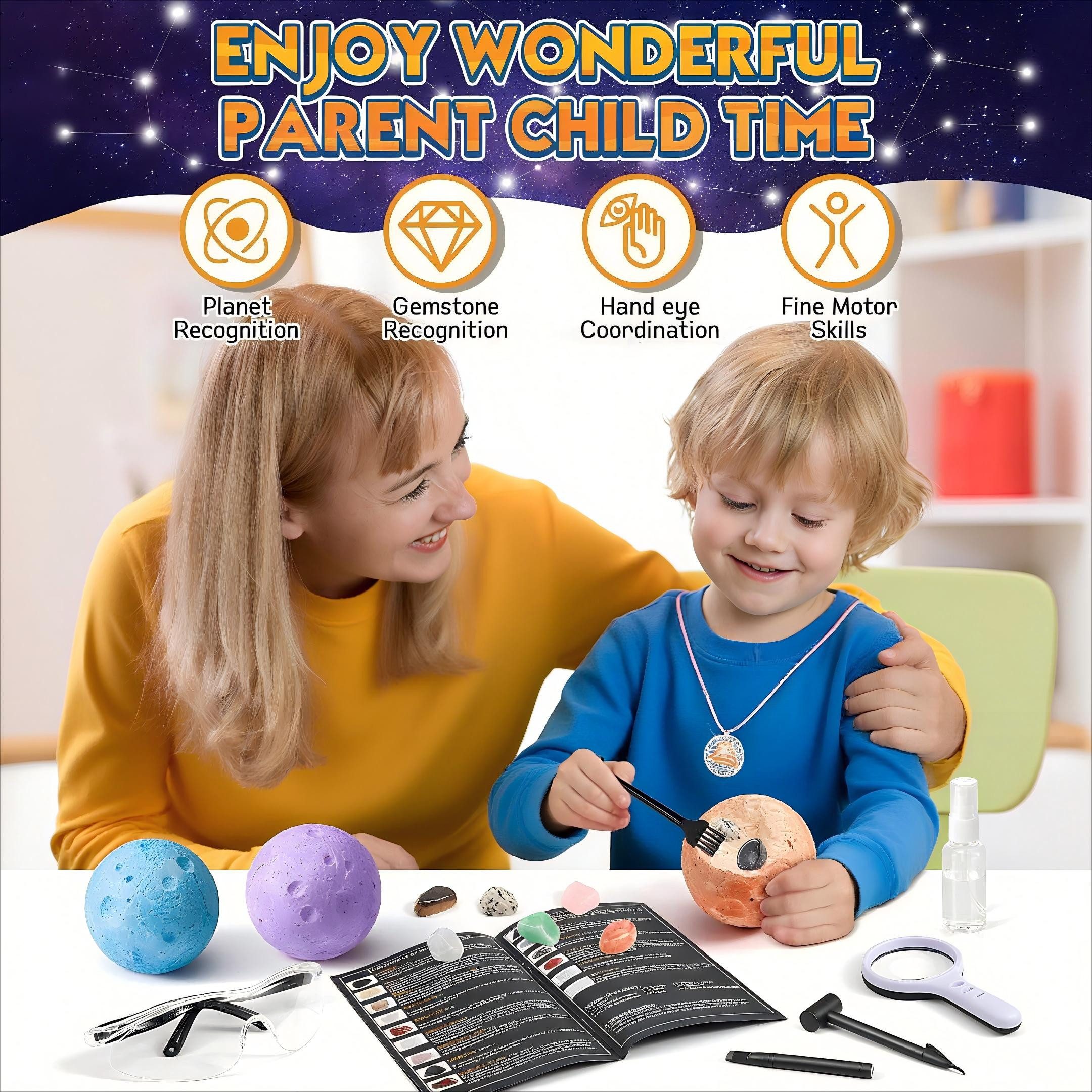 POPOLIC Gemstone Experiment Kit for Children - Excavation Set for Children Ages 6, 7, 8, 9, 10 (1-piece, 15 Natural Gemstones and Crystals, Experiments for Ages 6+), Moon Treasure Hunt Toy, Gift for Boys and Girls