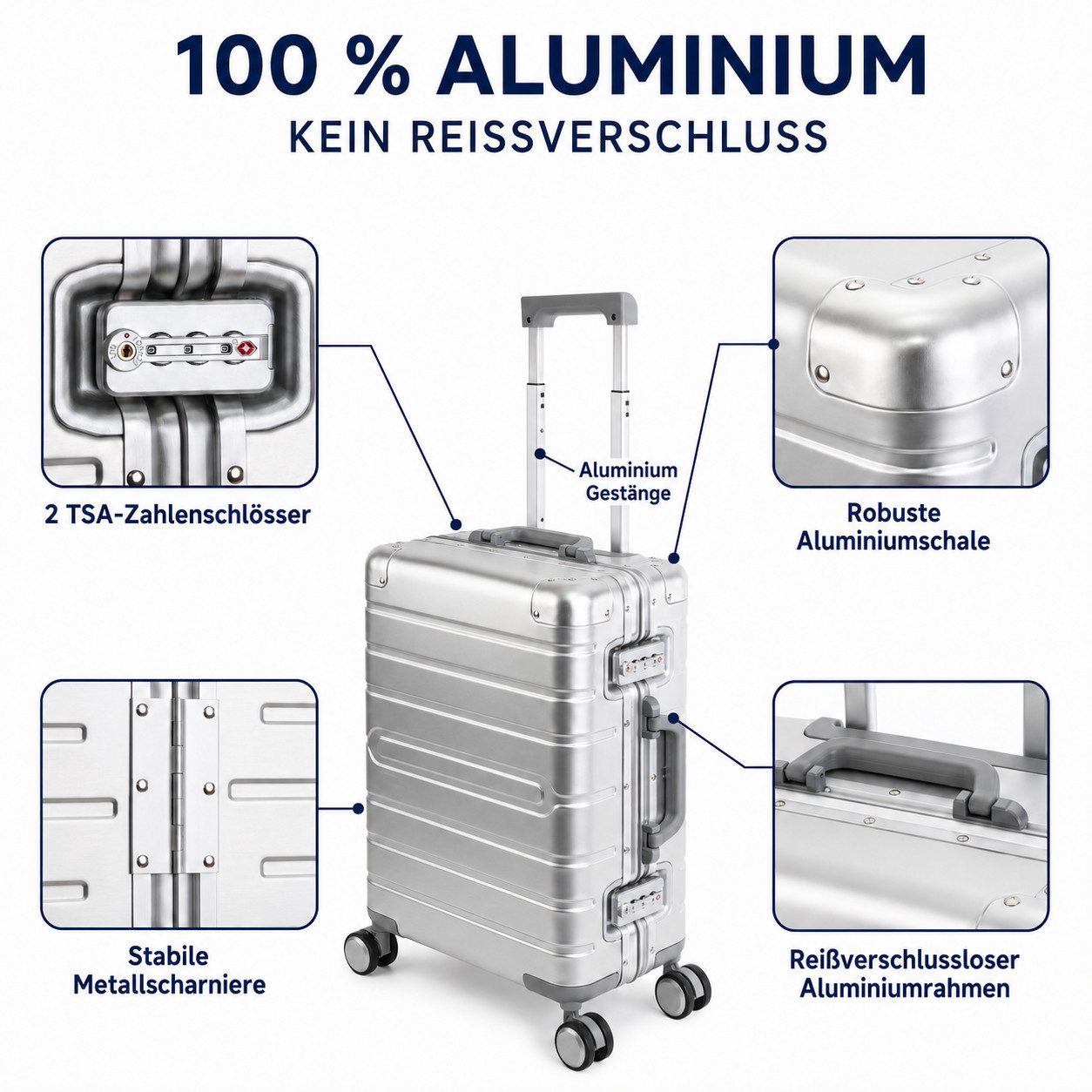 Travelhouse Koffer 100% Aluminium OSLO M - verschiedene Farben, 4 Rollen, aus Aluminium, mit voll gefüttertem Innenraum, mit Kantenschutz