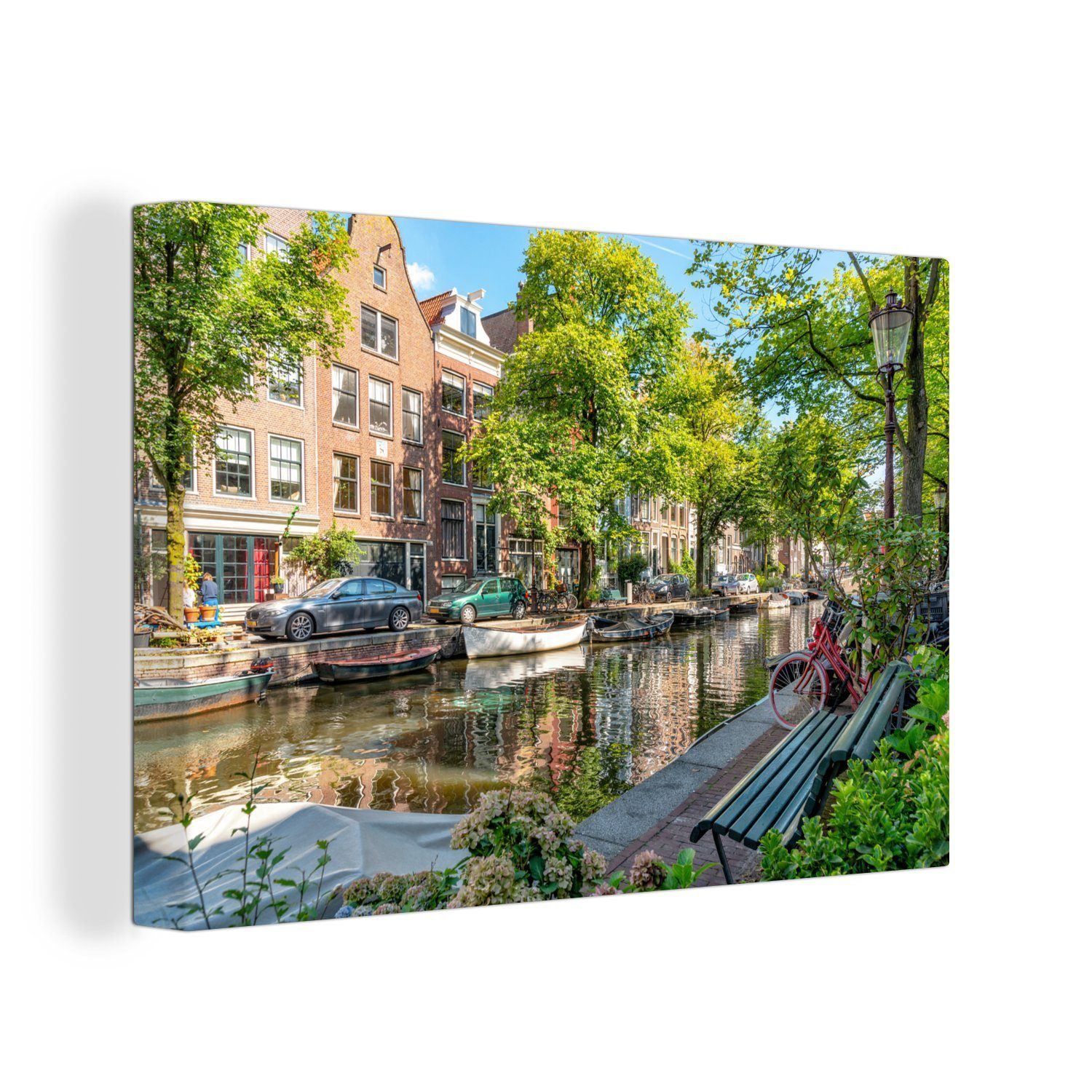 der Amsterdam, 30x20 OneMillionCanvasses® Natur cm Prinsengracht Wanddeko, in Wandbild Aufhängefertig, (1 St), Grüne Leinwandbild Leinwandbilder, entlang