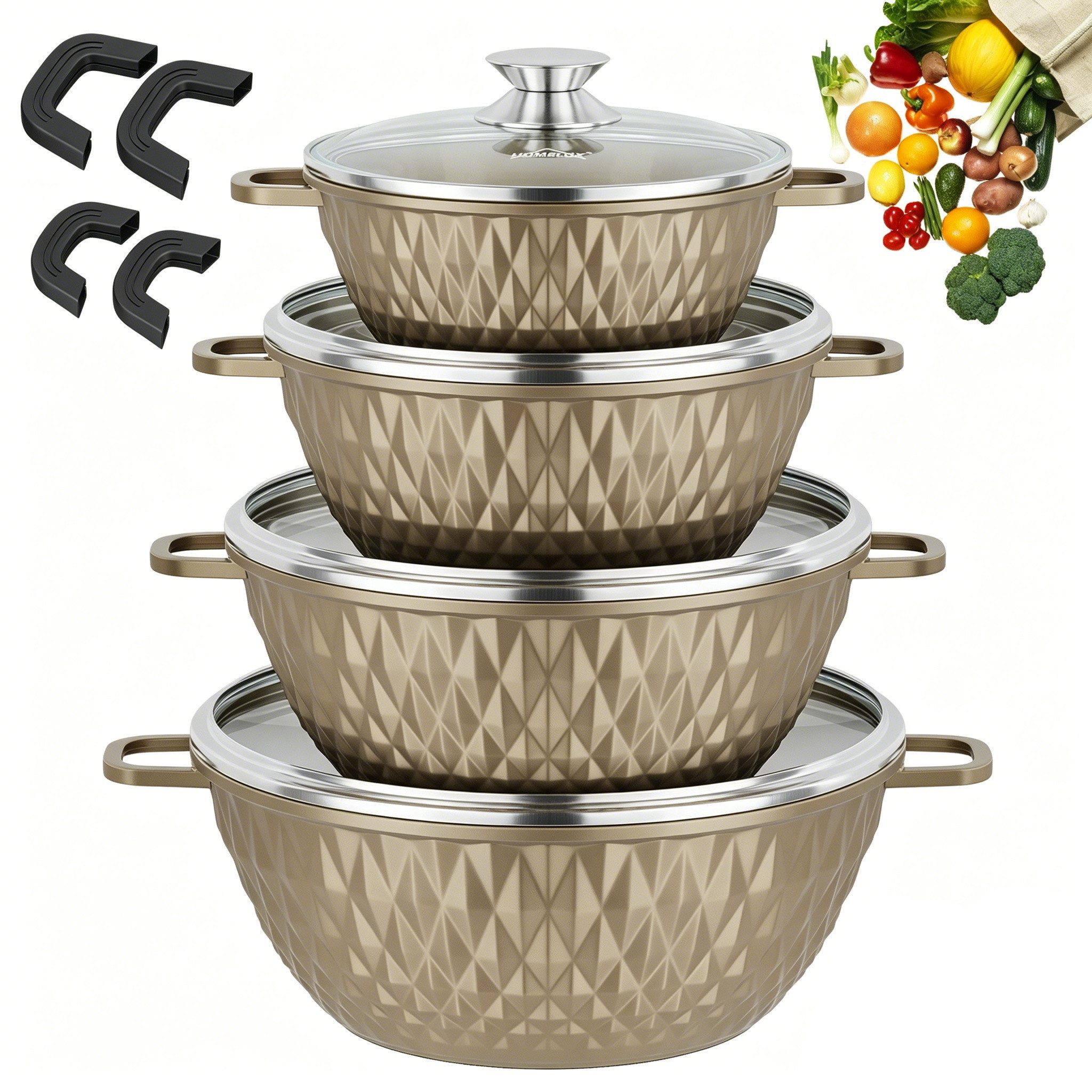 HOMELUX Topf-Set 8-tlg Kochtopf Set Induktions 20/24/28/32cm Töpfe Set mit Deckel, Aluminium (Kochtöpfe Induktions für Alle Herdarten), Induktion, Antihaft-beschichtung