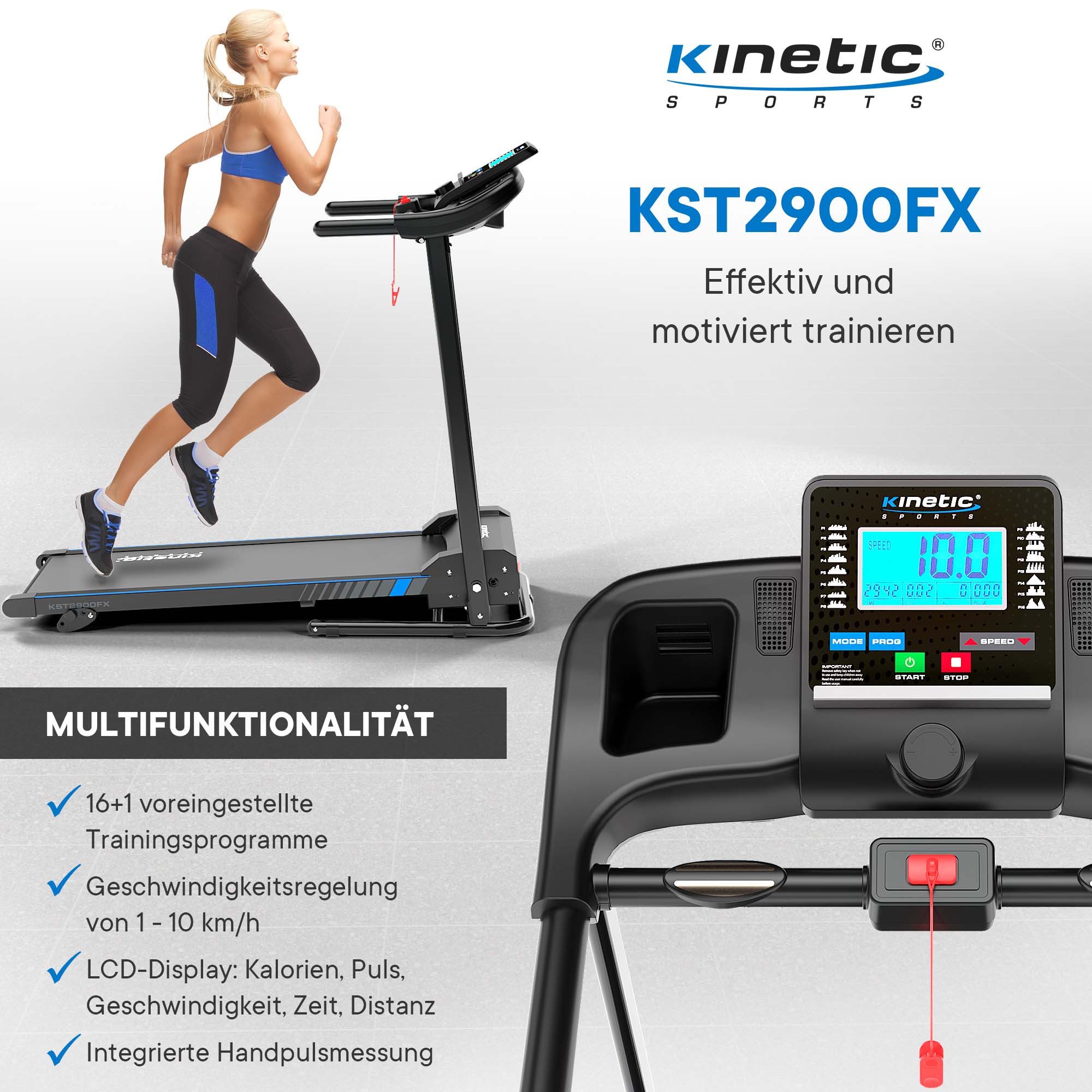 Kinetic Sports Laufband, klappbar mit Pulsgurt, LCD-Display, 750 Watt Motor, bis 10 km/h