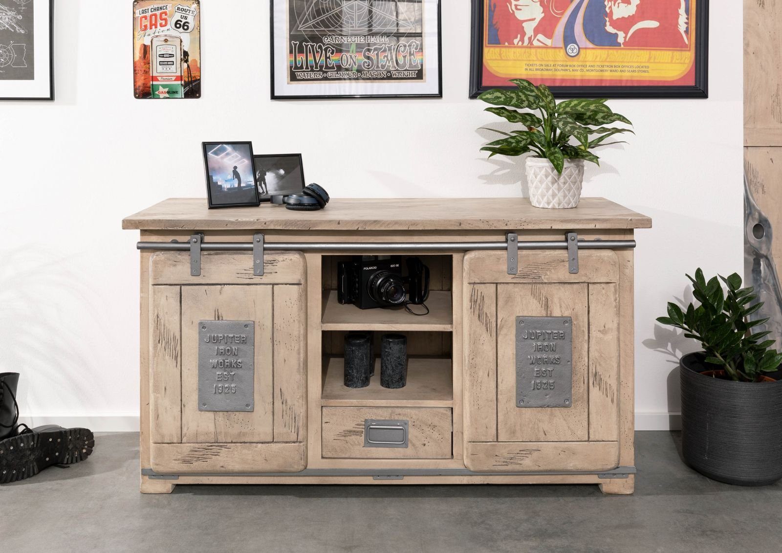 Massivmoebel24 Sideboard RAILWAY (Massivholz), Mango 128x45x70 whitewash lackiert RAILWAY #302