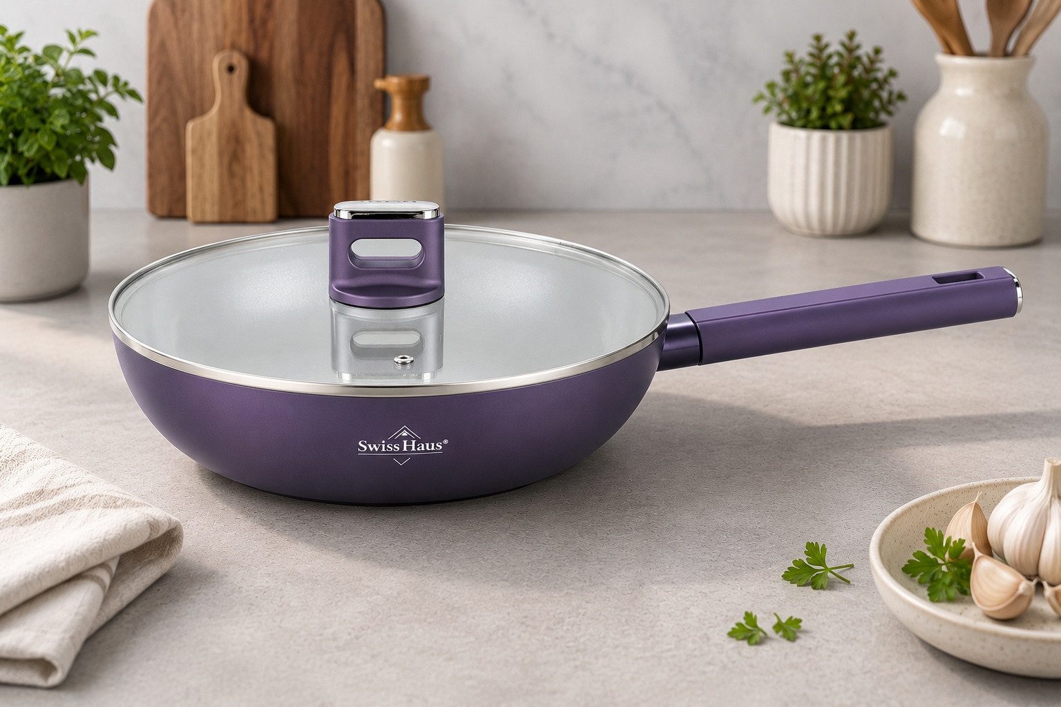 Swiss-Haus Wok Wok-Pfanne mit Glasdeckel Ø30 Antihaft Induktion Swiss Haus SH-SCW30T, Material: Aluminium, Kunstsoff, Glas (Set bestehend aus Pfanne und Glasdeckel)