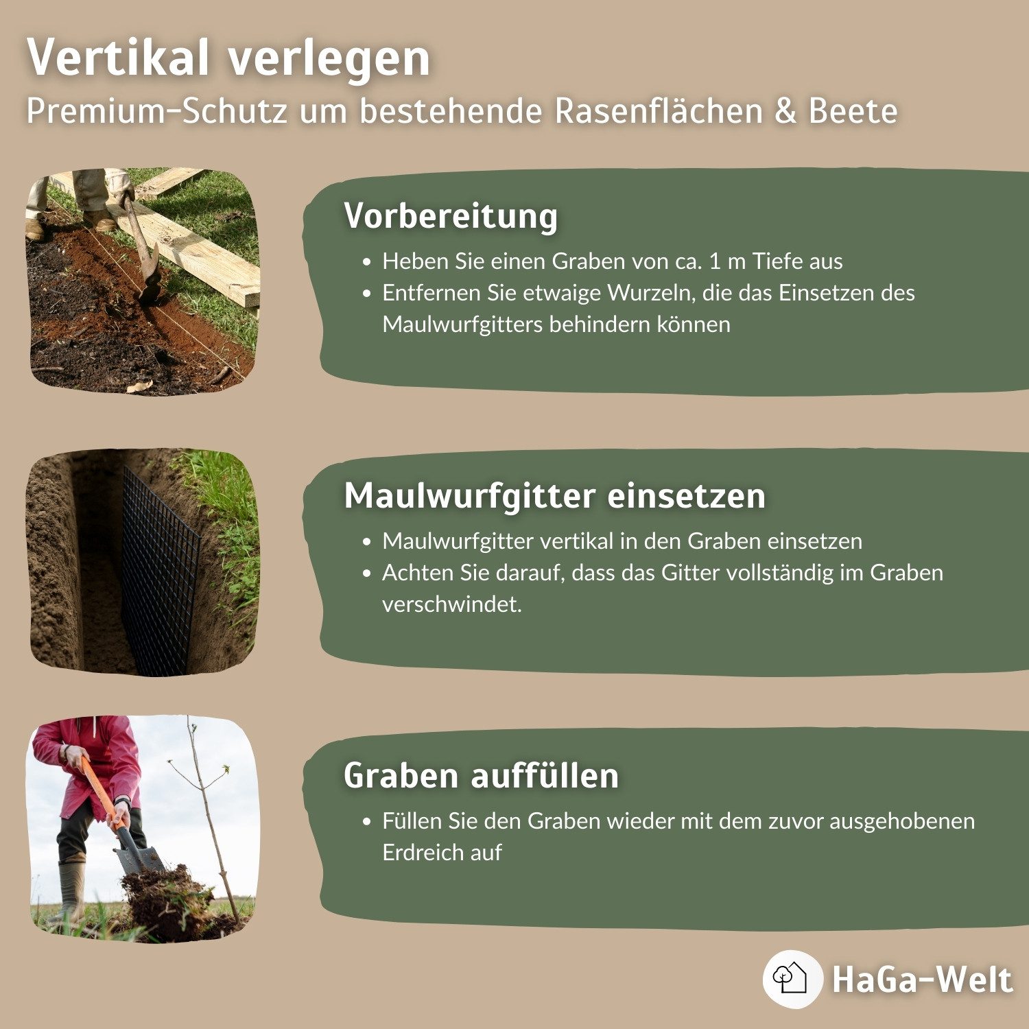 HaGa Maulwurfgitter HaGa Premium Maulwurfsperre 2 m Br. 7 mm Masche tierfreundliche, Maulwurfschutzgitter, UV-beständig, Maulwurfbekämpfung, Rasenschutz