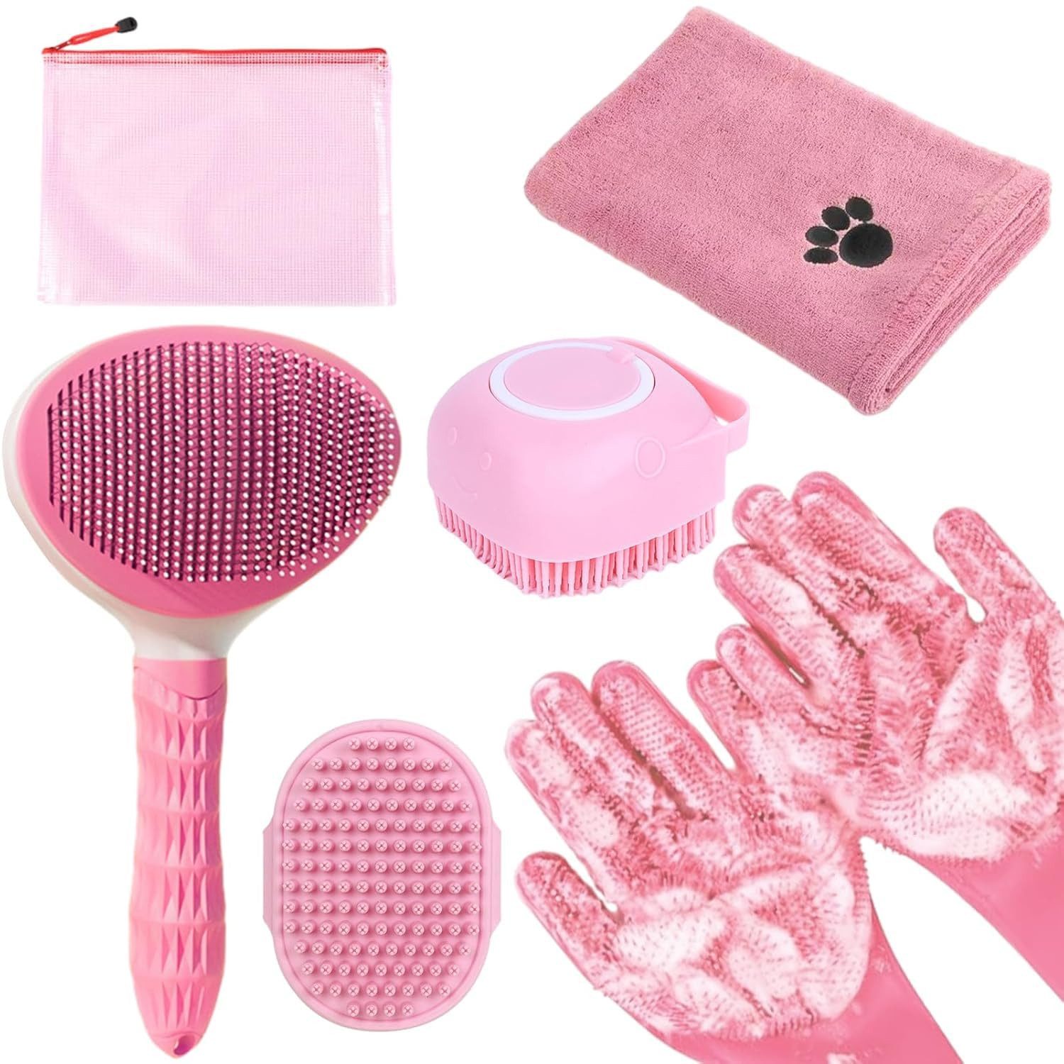 TUWENA Fellbürste 6 Stück Pflegeset für Haustiere – Katzenbürste Hundebürste Set, 6-teilig, Shampoospender, Badehandschuhe, universell einsetzbar
