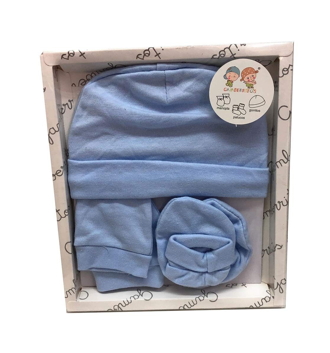 Erstlingsmütze Babyset 3teilig hellblau Mütze Schuhe Fäustlinge