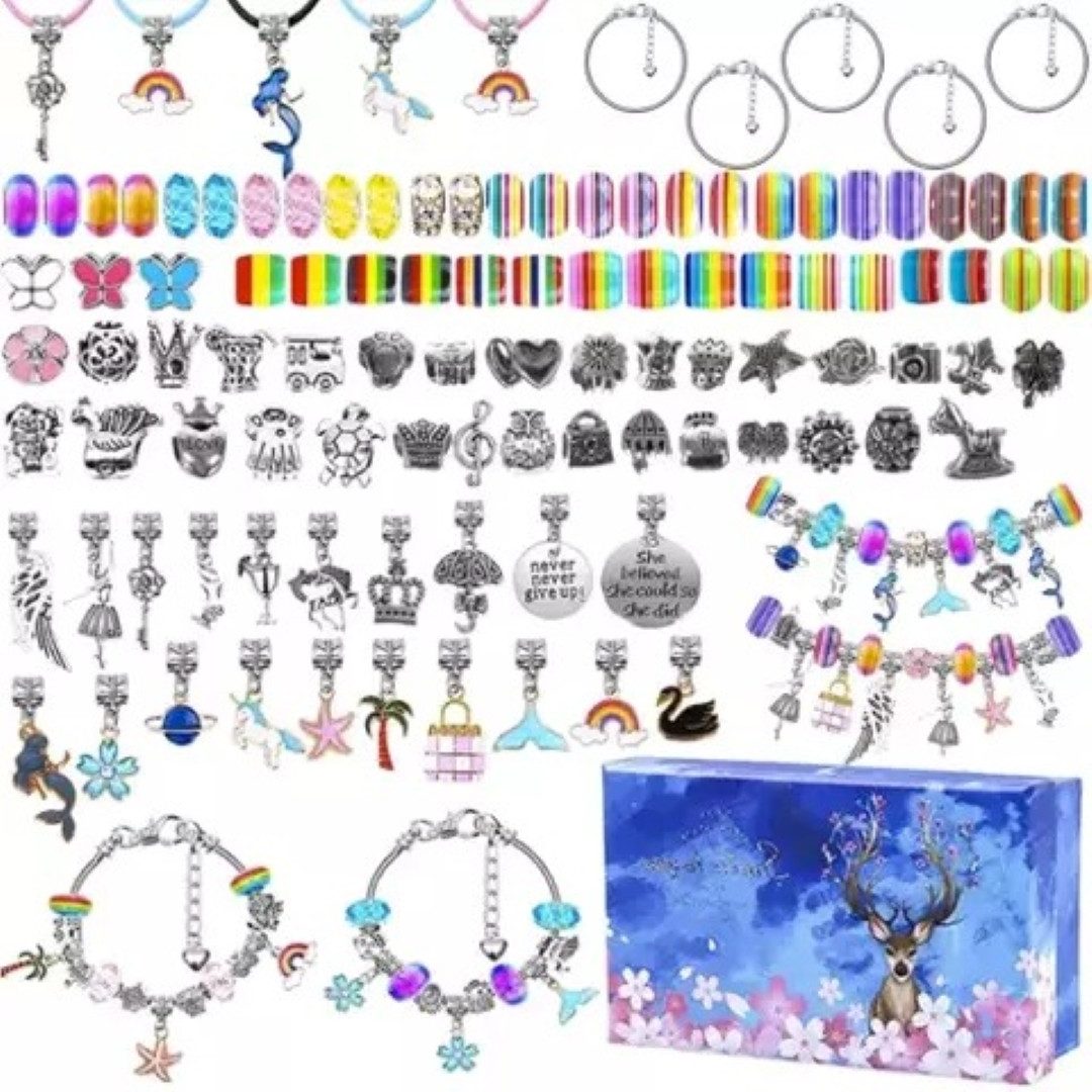 KRUZZEL Perlenarmband Set Perlenarmband Halskette Set Ideales DIY Schmuckset (DIY Schmuck Bastelset für kreative ideen, 107-tlg., Kreatives Schmuckset für Kinder mit bunten Perlen und Anhängern), Vielfältige Perlen und Anhänger für kreative Schmuckgestalt