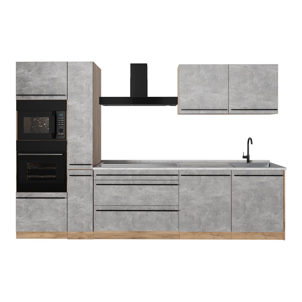 Vicco Küchenzeile R-Line, Beton/Goldkraft Eiche, 310 cm Arbeitsplatte Marmor