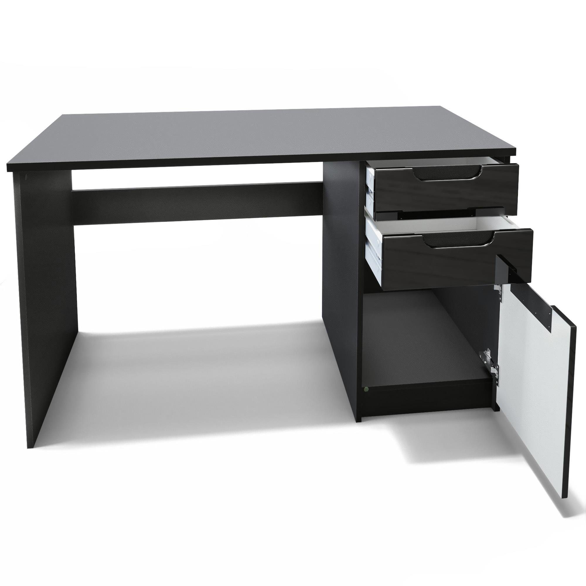 Vladon Schreibtisch Logan (Bürotisch, 1 x (129 cm) Hochglanz Schubladen 76 und 2 Schwarz in 60 matt/Weiß Fronten x Weiß Hochglanz mit Tür)