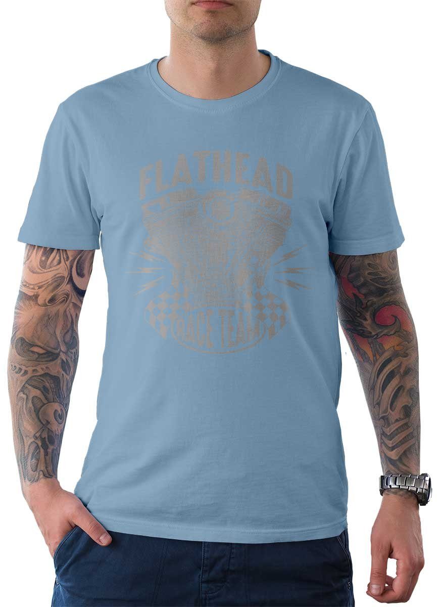 Motorrad Herren Biker Tee / T-Shirt Flathead Wheels On mit Hellblau Bomberjacke Rebel Motiv
