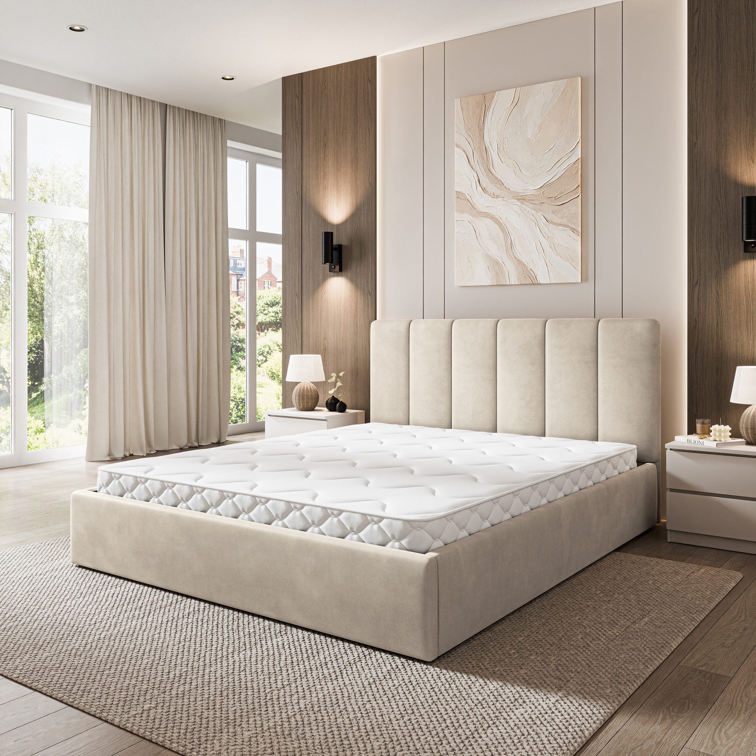 Masseno Polsterbett NEMIS 160x200 cm beige (mit Bettkasten und Lattenrost)