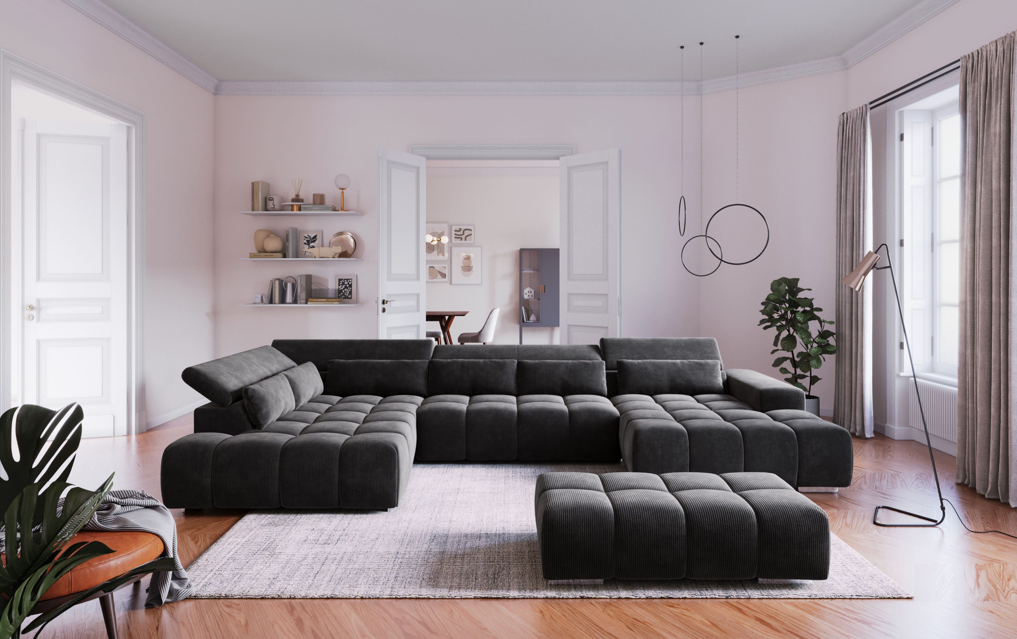 COTTA Wohnlandschaft Orion U-Form XXL, B: 409 cm, bequeme Wellenunterfederung, top modern, mit Kopfteilverstellung & 6 Nierenkissen
