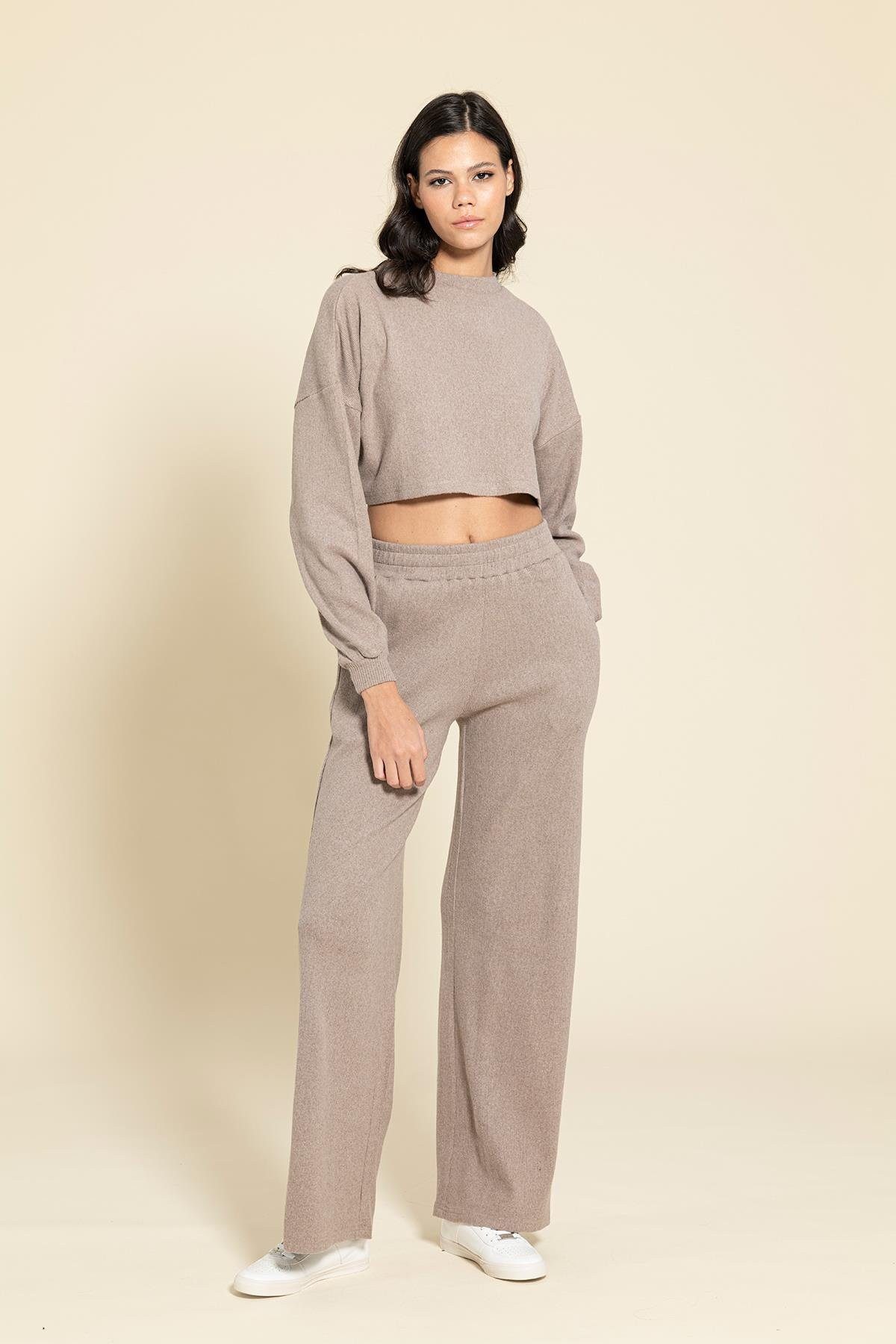 For You Moda Blusentop Gekürztes Taschenbraunes Hosen-Set günstig online kaufen