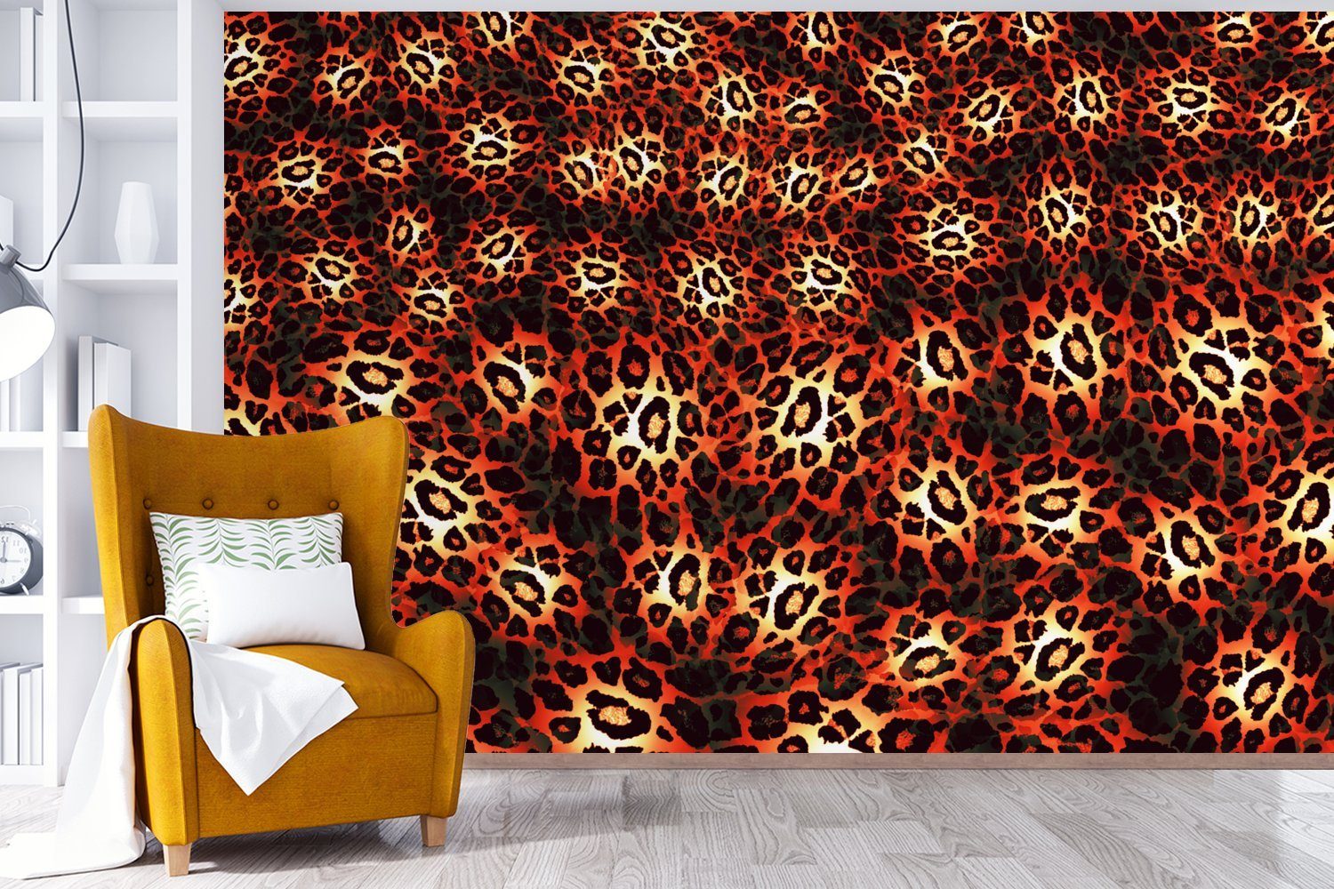 MuchoWow Fototapete Leopardenmuster - Design Vinyl Schlafzimmer, bedruckt, Wohnzimmer, (6 Tapete für Orange, - Kinderzimmer, Matt, St), Wallpaper