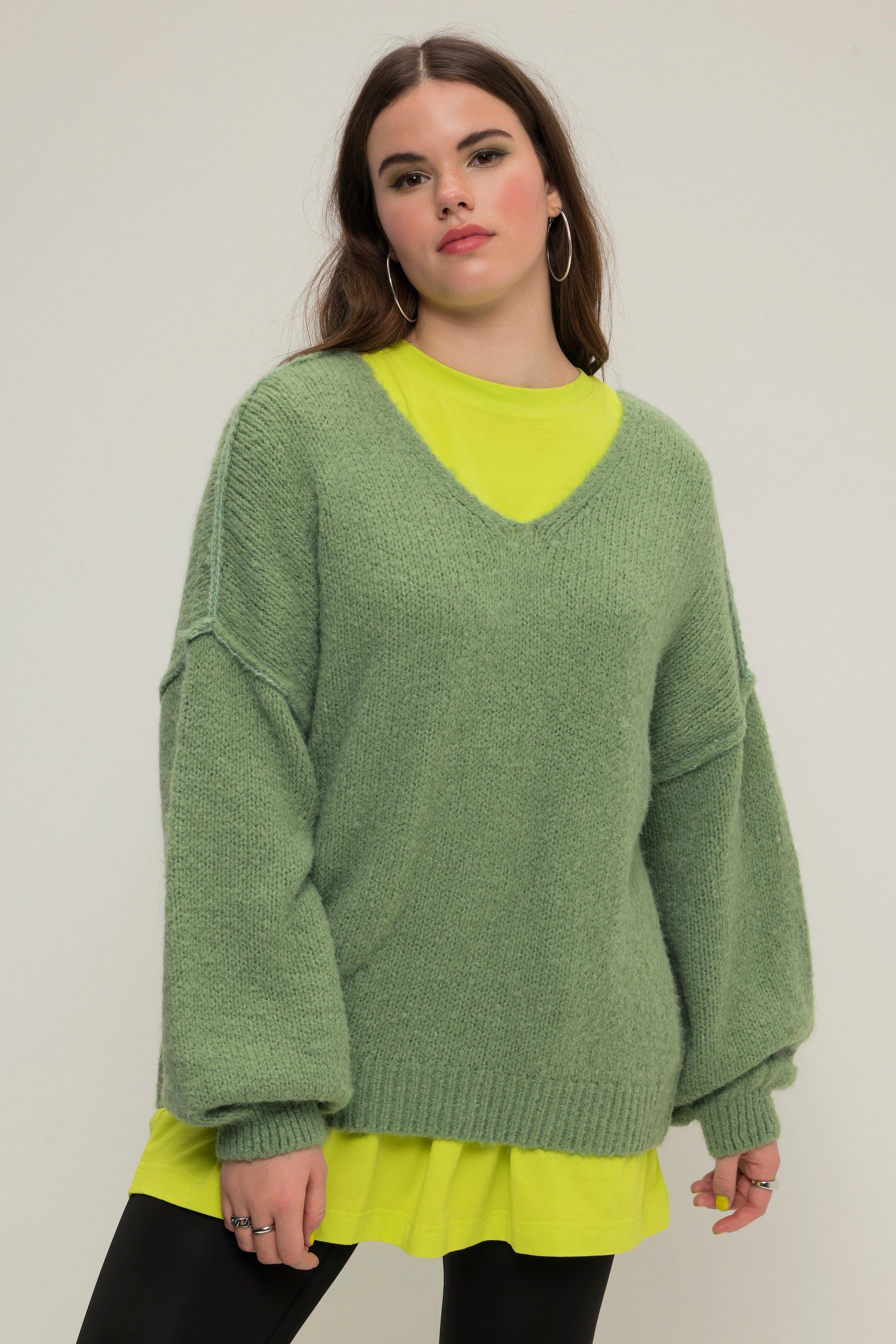 Studio Untold Fleecepullover Pullover V-Ausschnitt weiter Langarm oversized