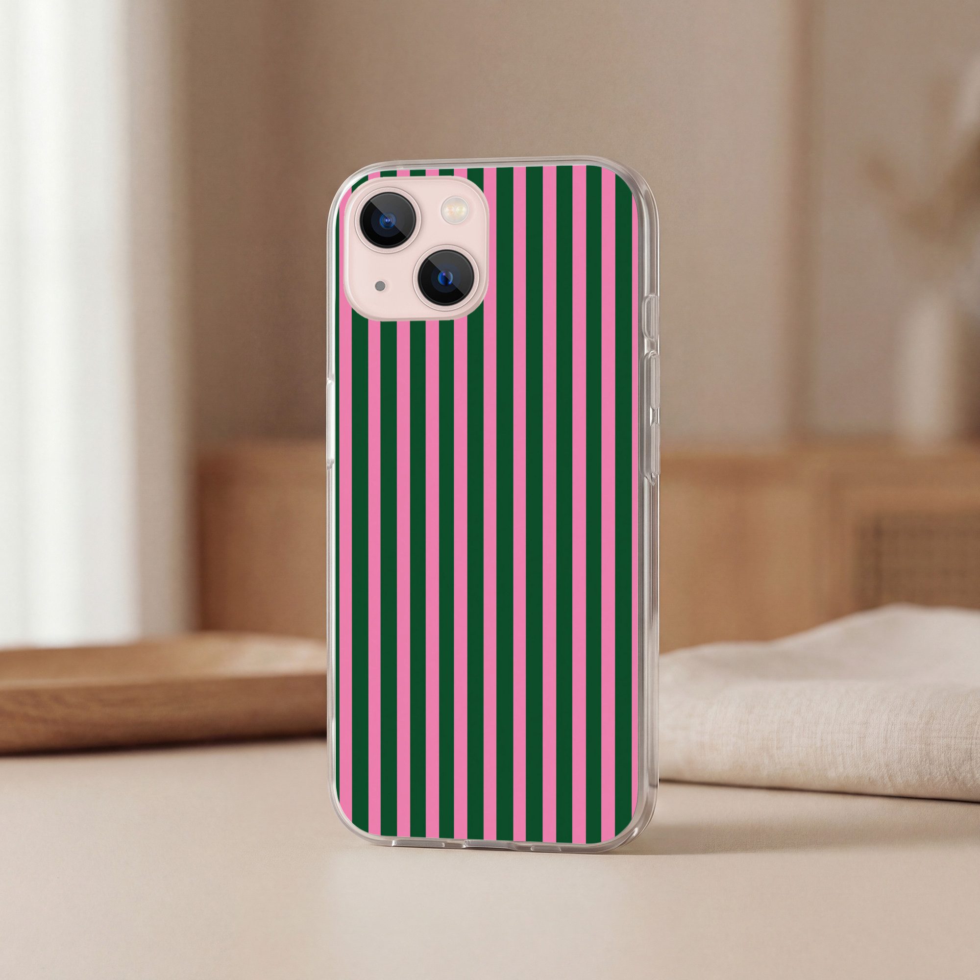 MuchoWow Handyhülle für Apple iPhone 13 mini Vertikale Streifen - Grün - Rosa, Smartphone-Bumper, Print, Handy Schutzhülle Dünn