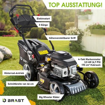 BRAST Benzinrasenmäher mit Antrieb, 3,5kW(4,76PS) Elektrostart 46cm Schnittbreite TÜV, TÜV 4 Takt OHV Motor, 60L Fangkorb, Stahlgehäuse