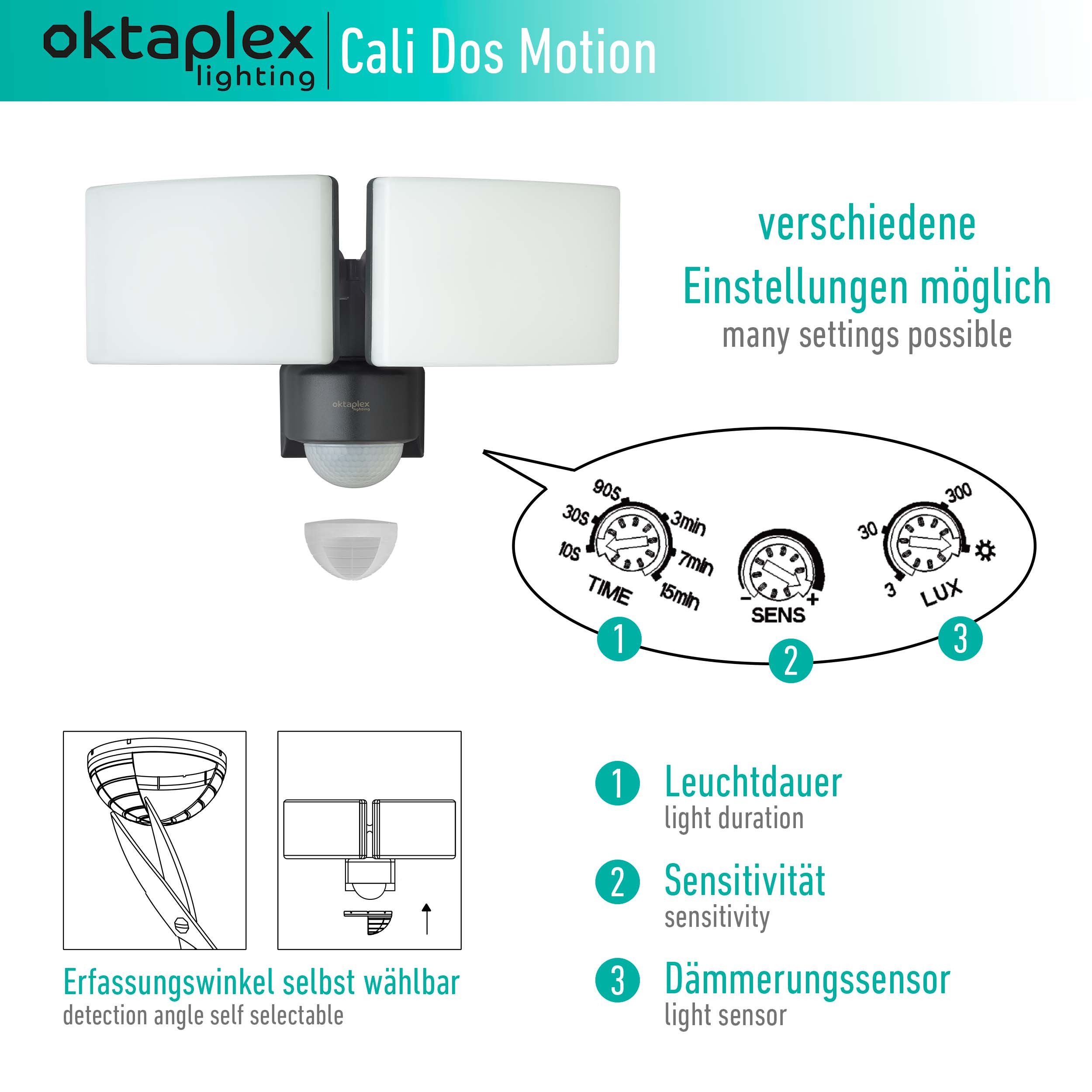 Oktaplex lighting LED Außen-Wandleuchte Cali Dos LED Strahler mit Bewegungsmelder 10m / 240 Grad IP65, PIR-Sensor, dreh- und schwenkbar, inklusive Leuchtmittel, – Bild 3 von 5