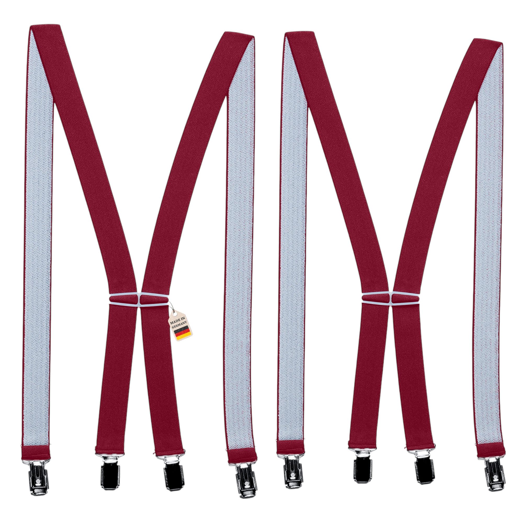 ZUKUNFTSENKEL Hosenträger 2er Pack schmal 2,5cm breite, 4 starke Clips Bordeaux Rot (X-Form Für Damen und Herren) Deutsche Herstellung, Elastisch